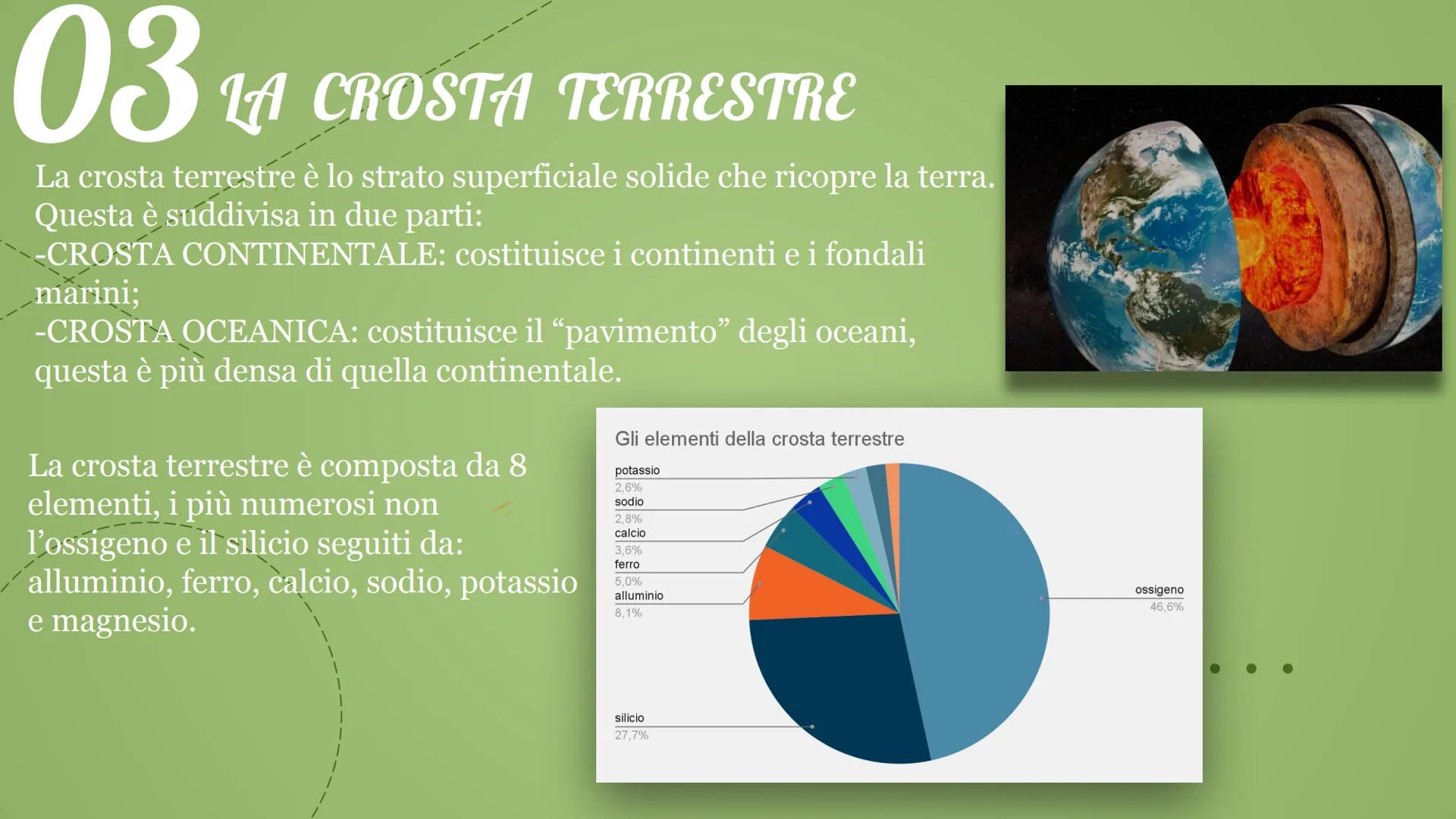 80
La struttura
della terra MANTELLO
La geologia studia l'origine, la composizione,
la struttura e le trasformazioni della terra.
CROSTA
TER