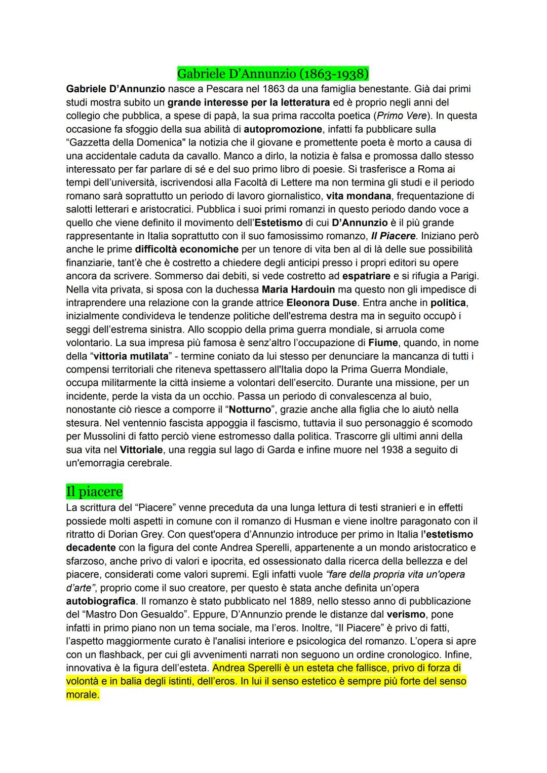 # Gabriele D'Annunzio (1863-1938)
Gabriele D'Annunzio nasce a Pescara nel 1863 da una famiglia benestante. Già dai primi
studi mostra subit