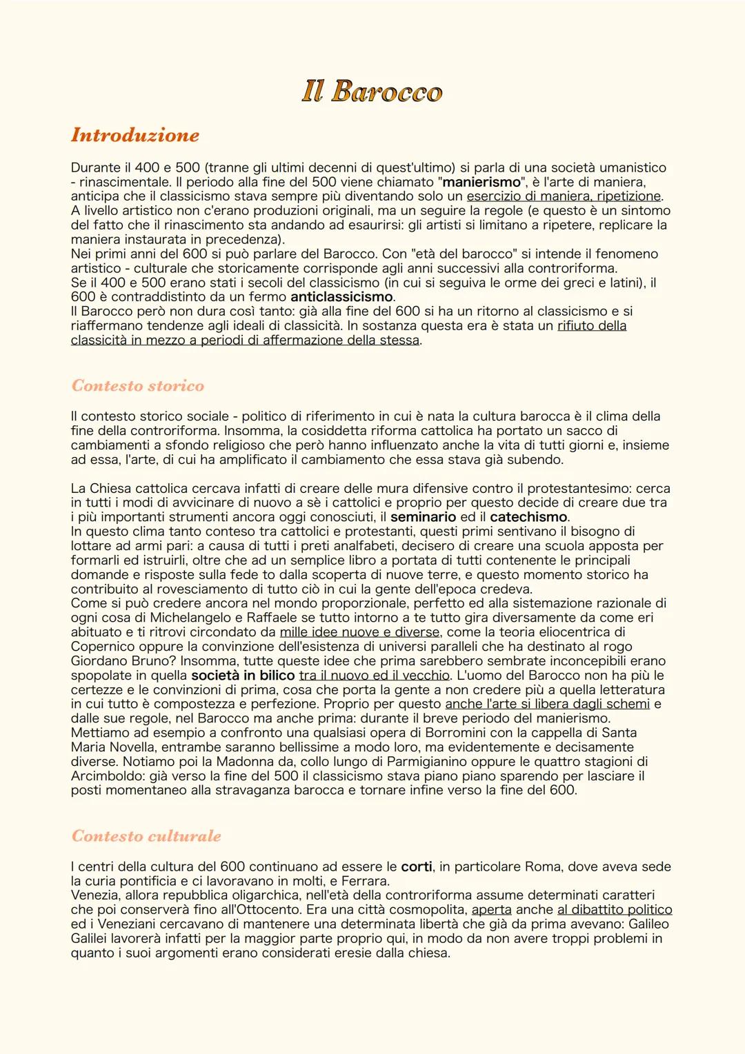 Il Barocco
Introduzione
Durante il 400 e 500 (tranne gli ultimi decenni di quest'ultimo) si parla di una società umanistico
- rinascimentale