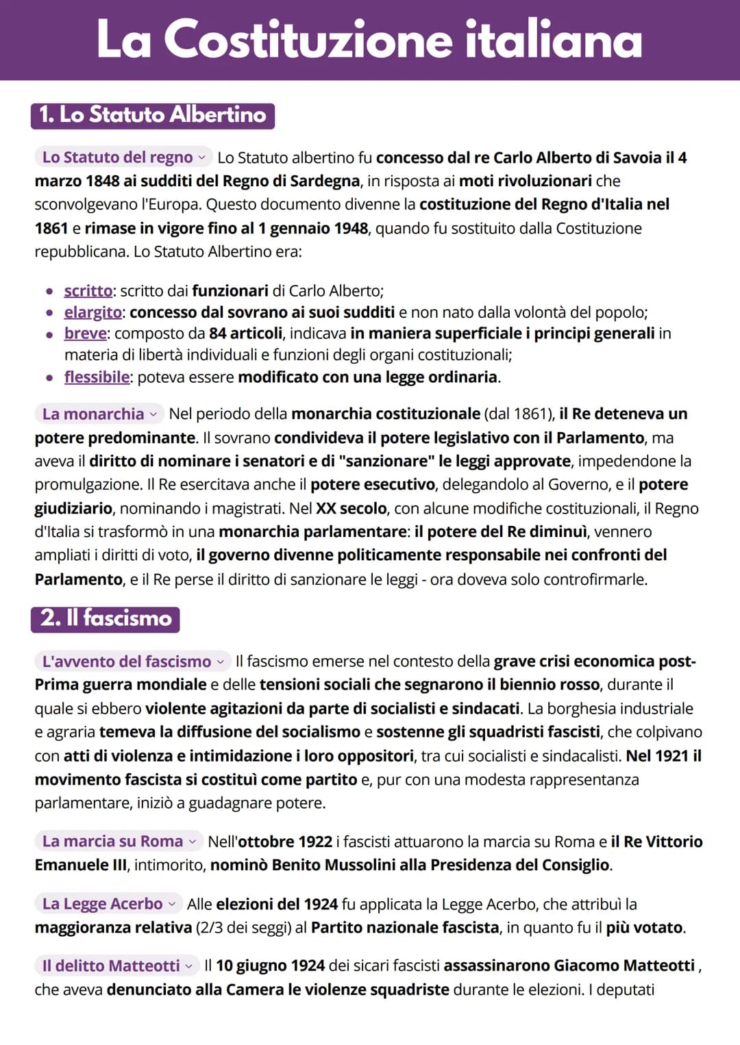 La Costituzione italiana
1. Lo Statuto Albertino
Lo Statuto del regno Lo Statuto albertino fu concesso dal re Carlo Alberto di Savoia il 4