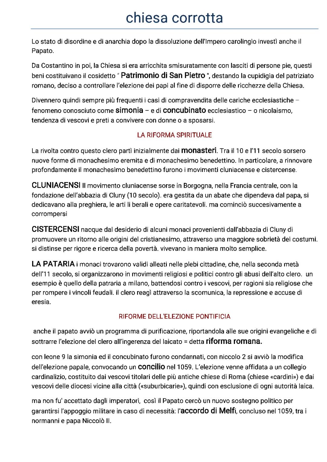 La corruzione della chiesa, la riforma spirituale e dell'elezione pontificia,lotta per le investiture