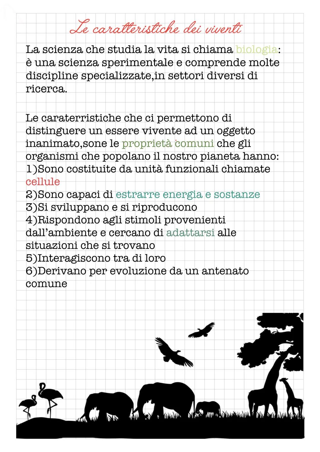 Le
caratteristiche dei viventi
La scienza che studia la vita si chiama biologia:
è una scienza sperimentale e comprende molte
discipline spe