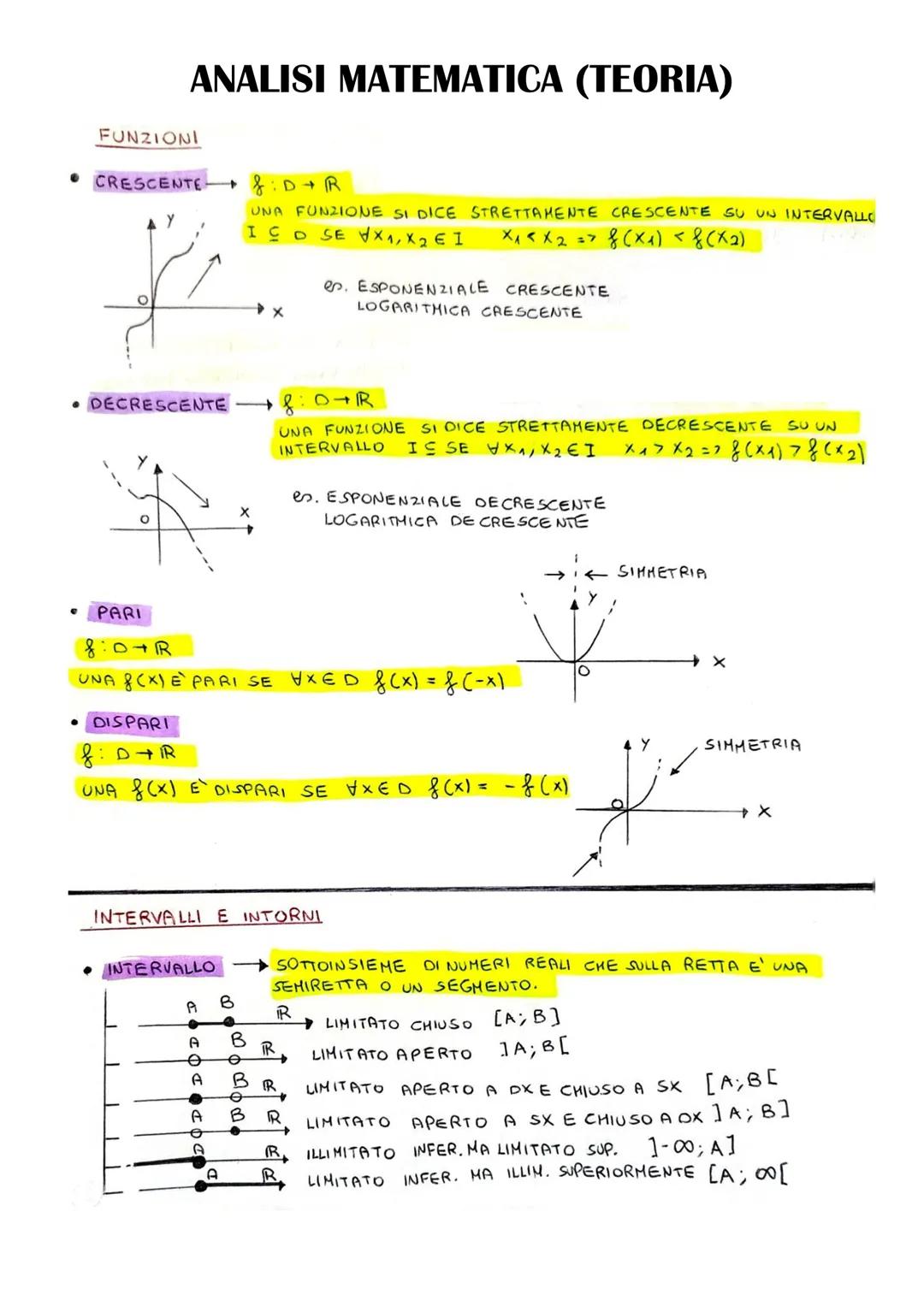 ANALISI MATEMATICA (TEORIA)
FUNZIONI
• CRESCENTE
f
DECRESCENTE → 8:0¬R
→ f:D → R
UNA FUNZIONE SI DICE STRETTAMENTE CRESCENTE SU UN INTERVALL