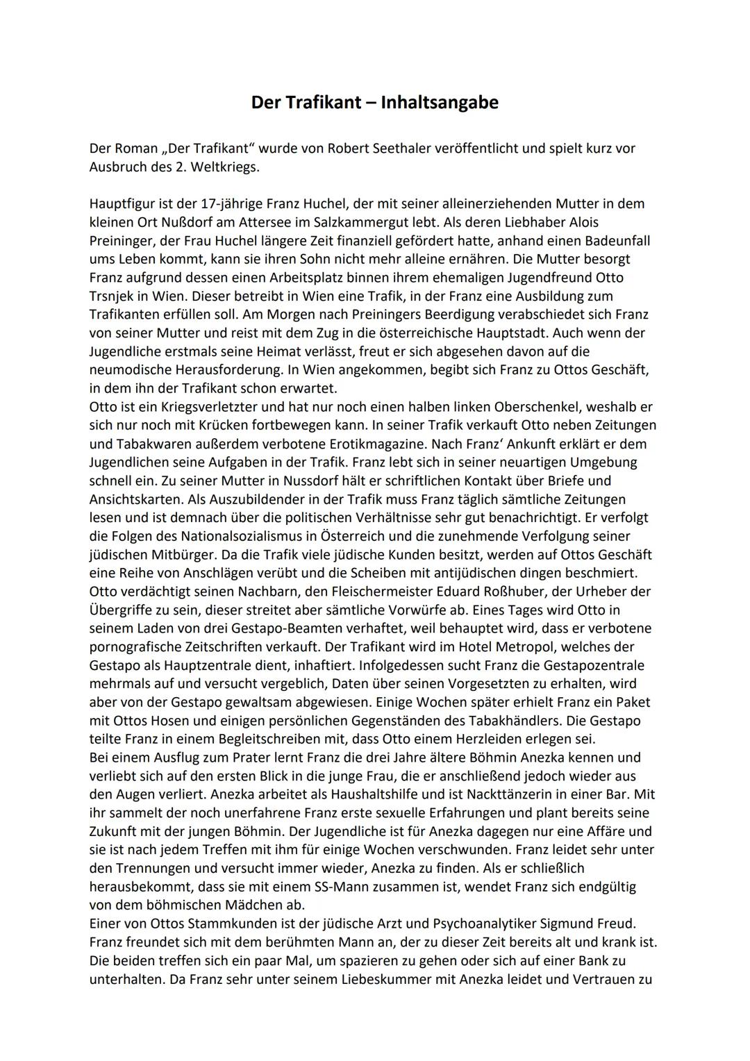 Der Trafikant - Inhaltsangabe
Der Roman „Der Trafikant" wurde von Robert Seethaler veröffentlicht und spielt kurz vor
Ausbruch des 2. Weltk