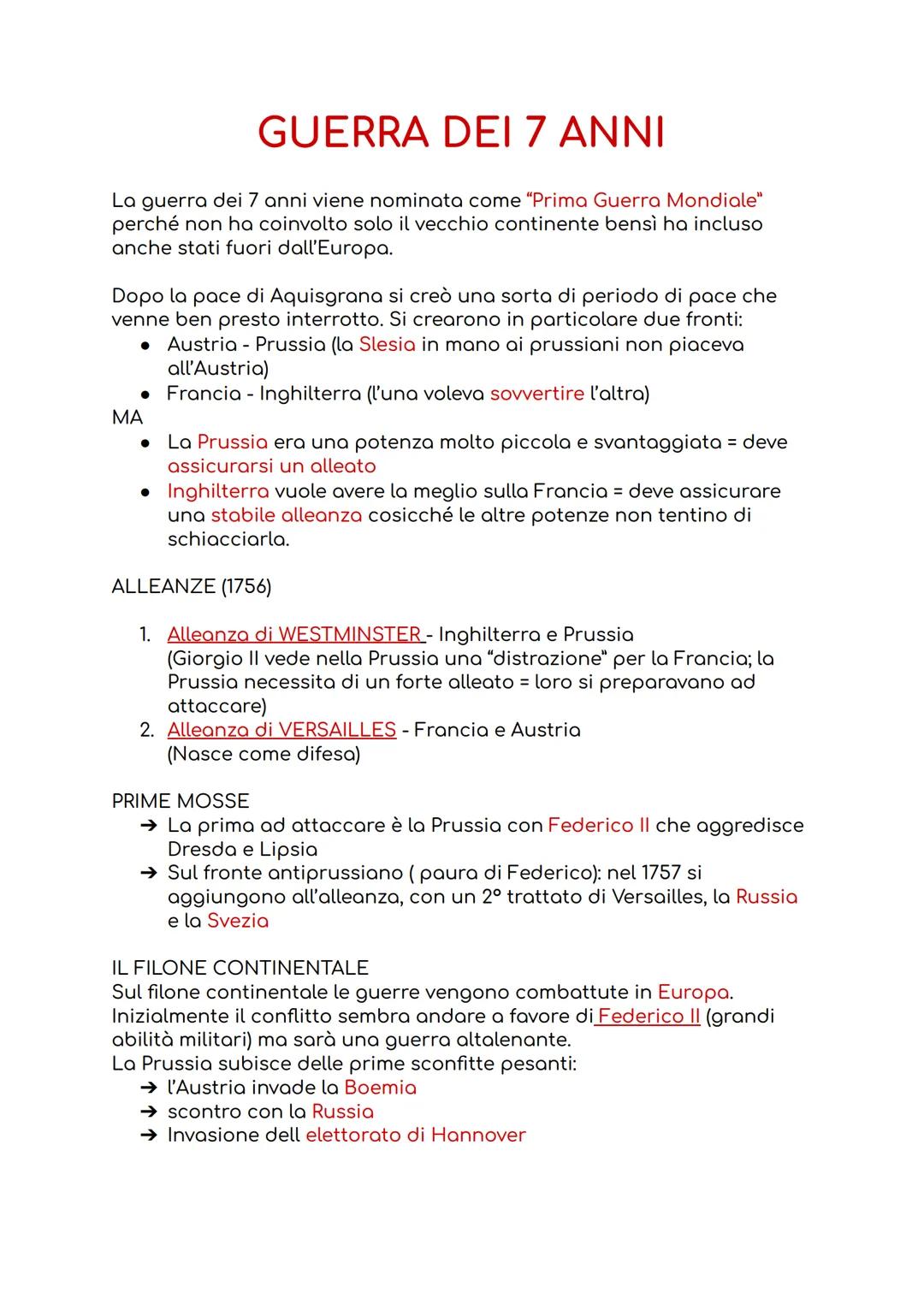 GUERRA DEI 7 ANNI
La guerra dei 7 anni viene nominata come "Prima Guerra Mondiale"
perché non ha coinvolto solo il vecchio continente bensì