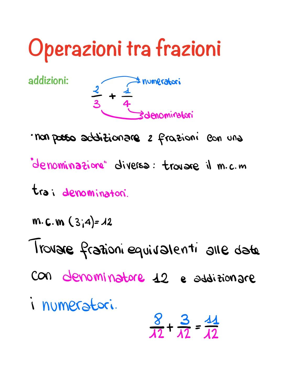 Operazioni tra frazioni
addizioni:
numeratori
denominatori
• non posso additionare 2 frazioni con una
denominazione" diversa: trovare il m.c