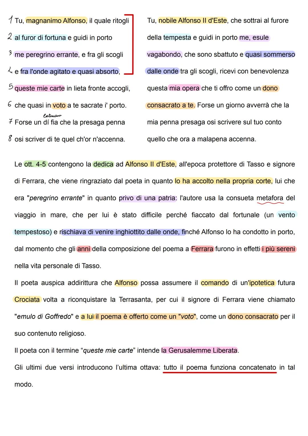 1 Canto l'arme pietose e 'l capitano
2 che 'l gran sepolcro liberò di Cristo.
gesta
3 Molto egli oprò co 'I senno e con la mano,
4 molto sof
