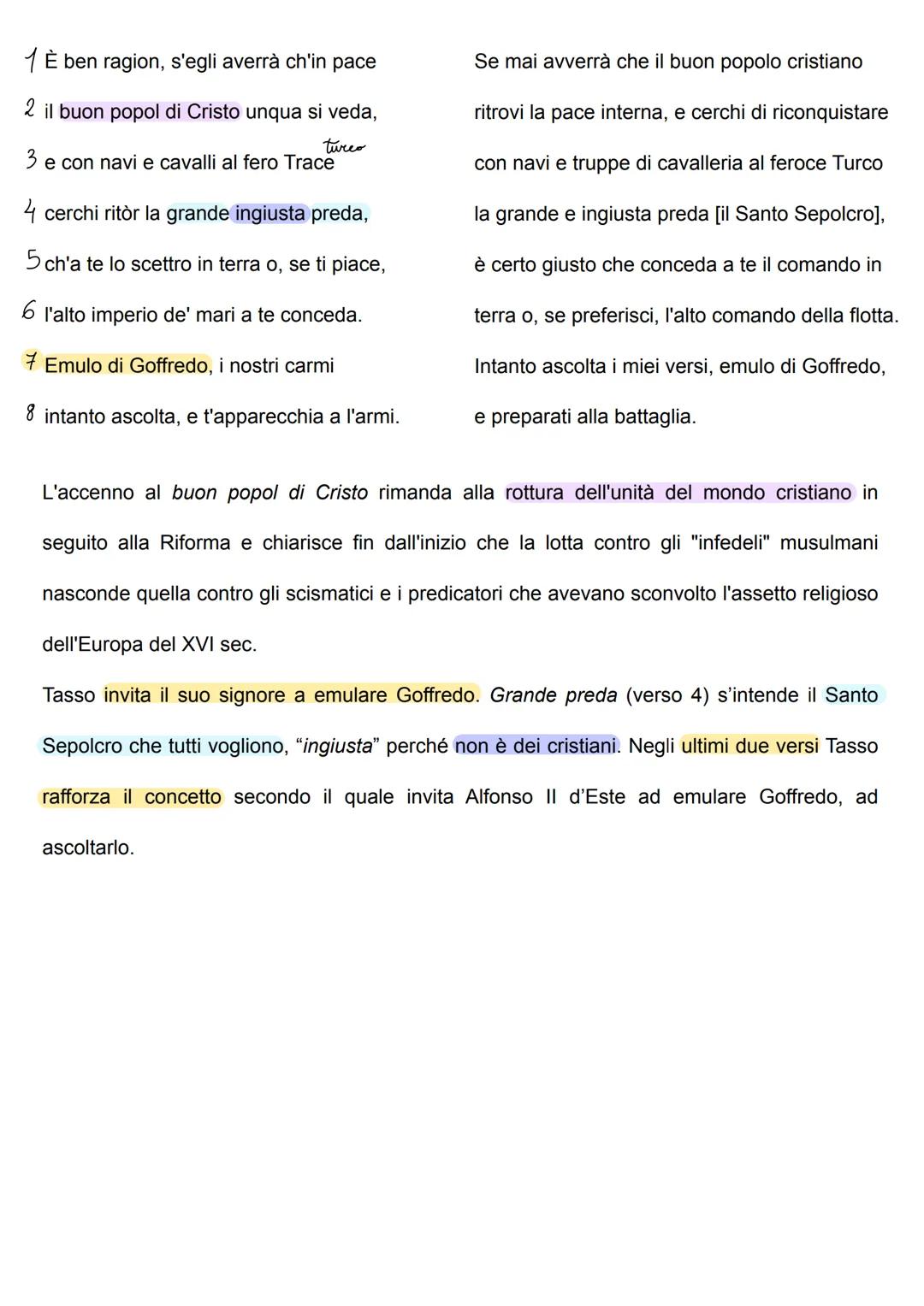 1 Canto l'arme pietose e 'l capitano
2 che 'l gran sepolcro liberò di Cristo.
gesta
3 Molto egli oprò co 'I senno e con la mano,
4 molto sof