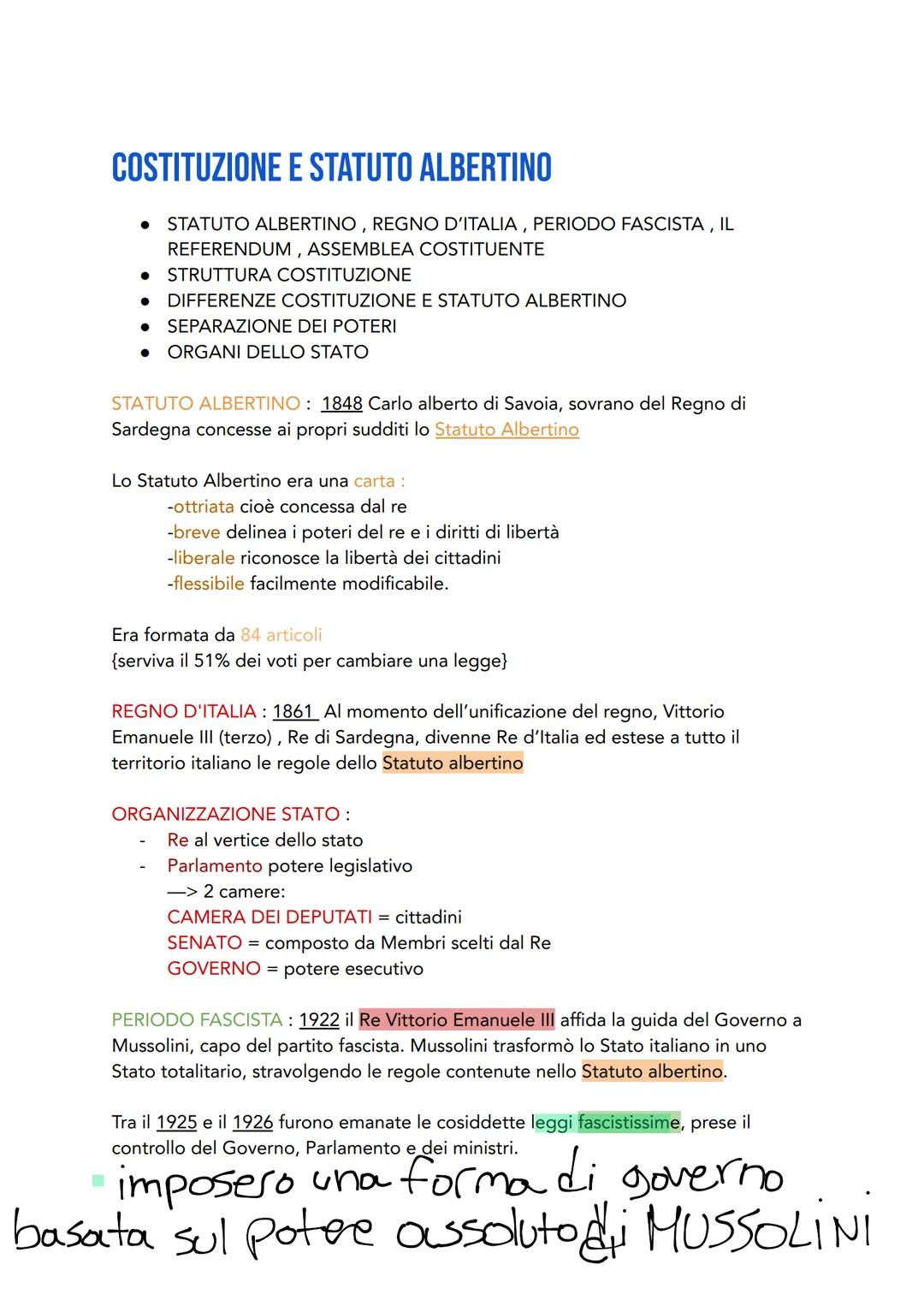 COSTITUZIONE E STATUTO ALBERTINO
● STATUTO ALBERTINO, REGNO D'ITALIA, PERIODO FASCISTA, IL
REFERENDUM, ASSEMBLEA COSTITUENTE
• STRUTTURA COS