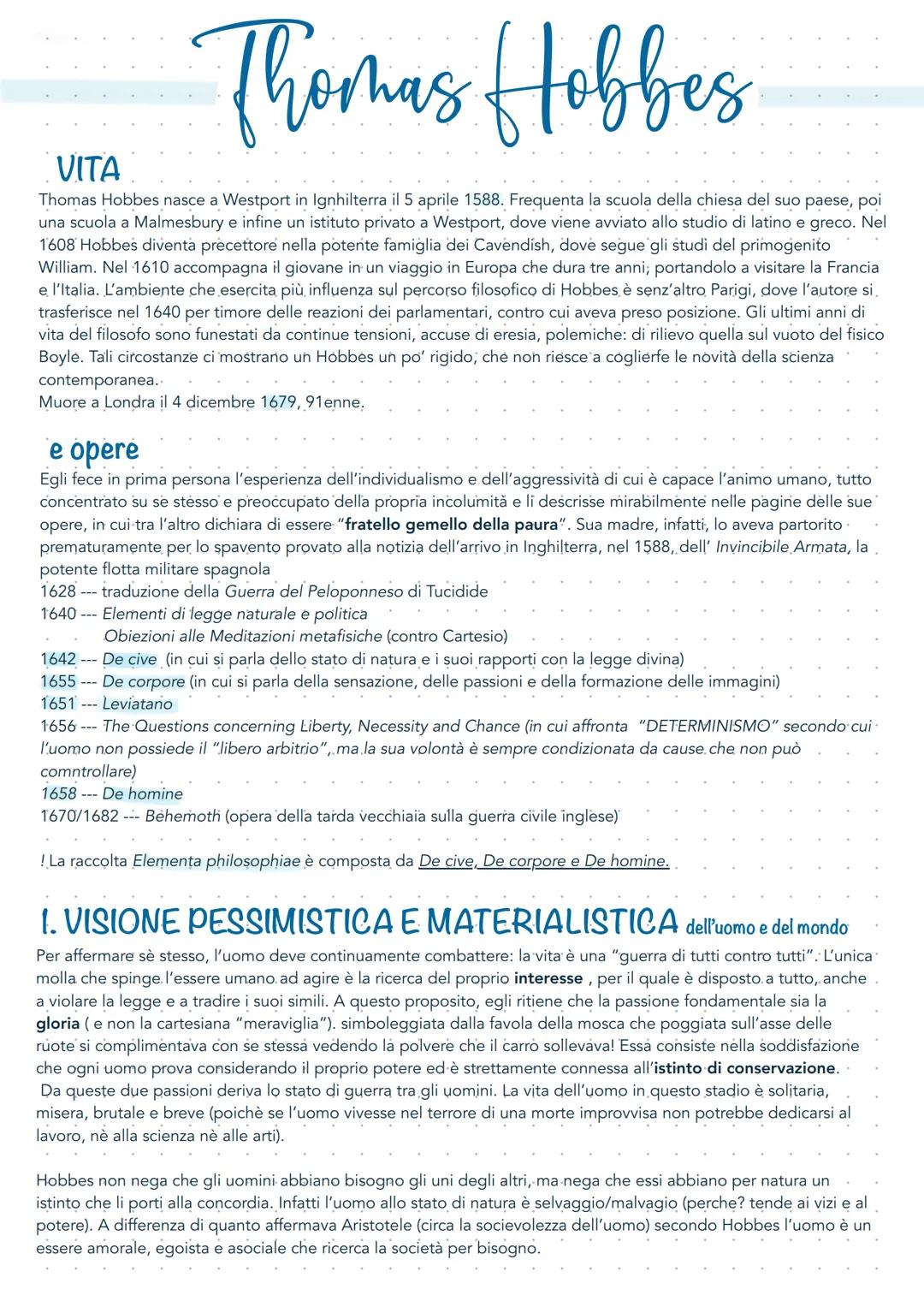 # Thomas Hobbes
VITA
Thomas Hobbes nasce a Westport in Ignhilterra il 5 aprile 1588. Frequenta la scuola della chiesa del suo paese, poi
u