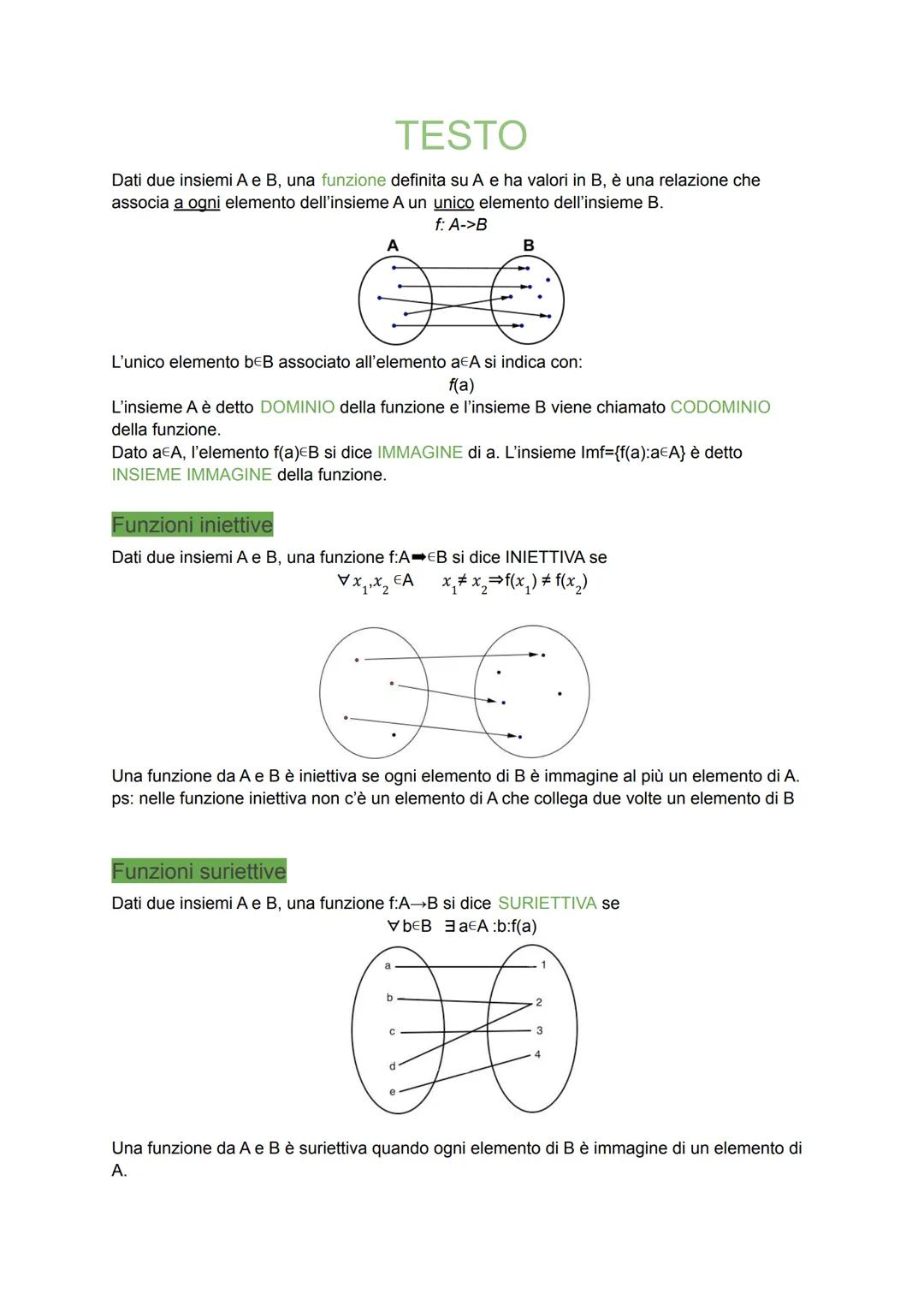 TESTO
Dati due insiemi A e B, una funzione definita su A e ha valori in B, è una relazione che
associa a ogni elemento dell'insieme A un uni
