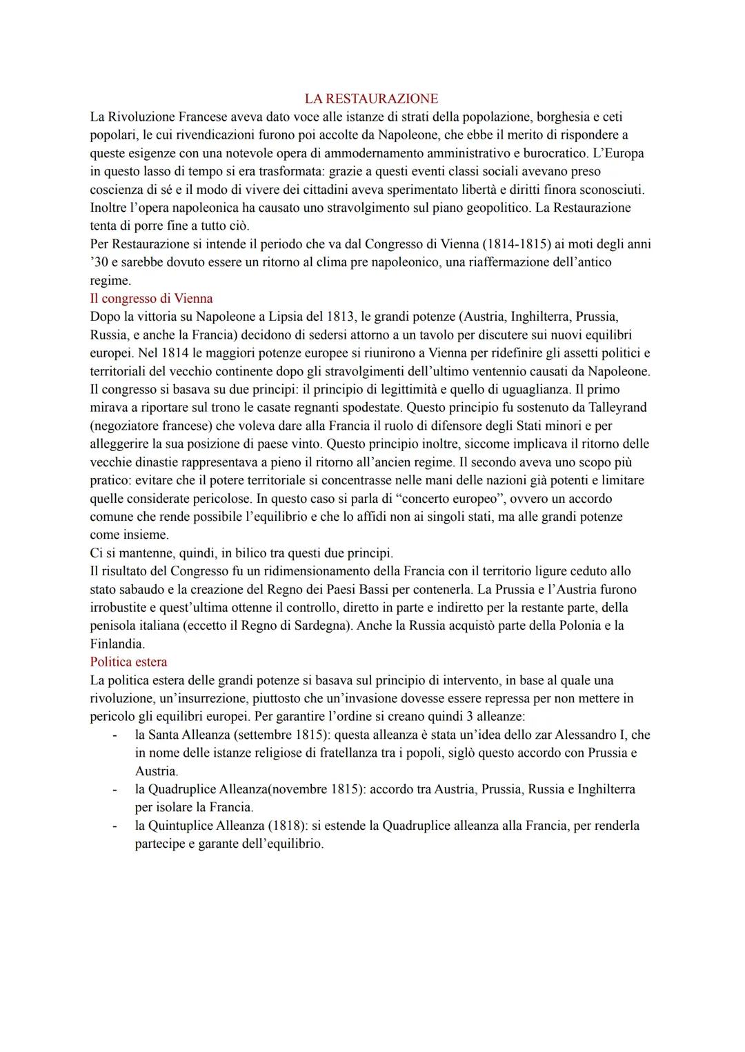 LA RESTAURAZIONE
La Rivoluzione Francese aveva dato voce alle istanze di strati della popolazione, borghesia e ceti
popolari, le cui rivendi
