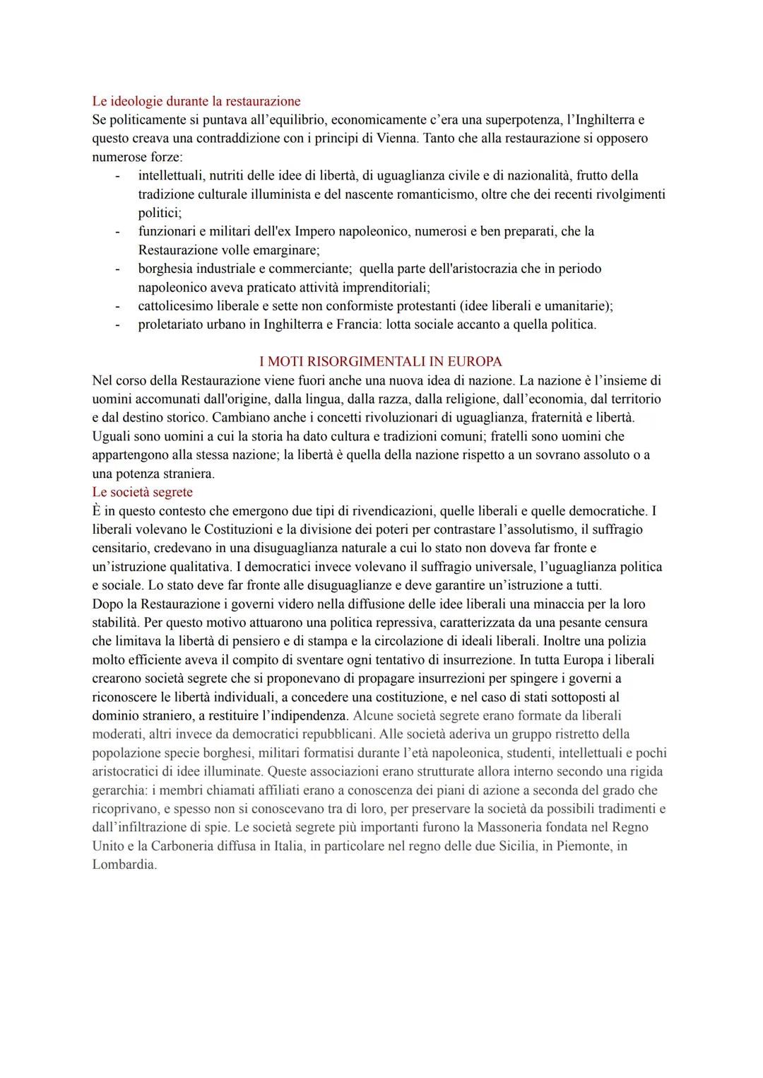 LA RESTAURAZIONE
La Rivoluzione Francese aveva dato voce alle istanze di strati della popolazione, borghesia e ceti
popolari, le cui rivendi