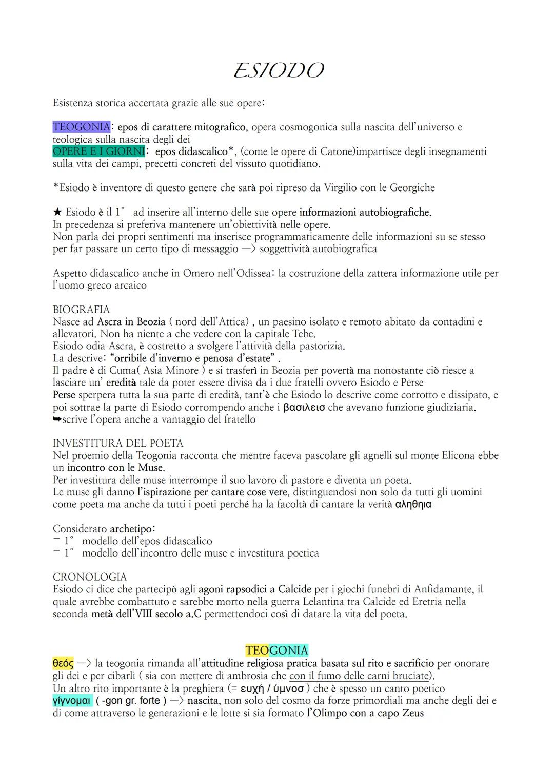 # ESIODO
Esistenza storica accertata grazie alle sue opere:
TEOGONIA: epos di carattere mitografico, opera cosmogonica sulla nascita dell'
