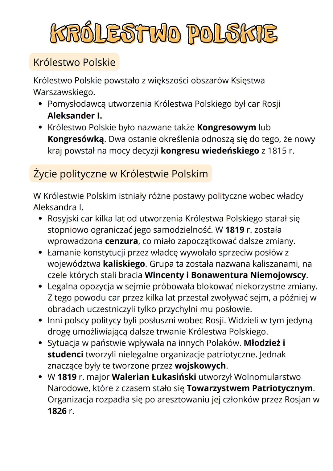 # KRÓLESTWO POLSKIE
Królestwo Polskie
Królestwo Polskie powstało z większości obszarów Księstwa
Warszawskiego.
* Pomysłodawcą utworzeni