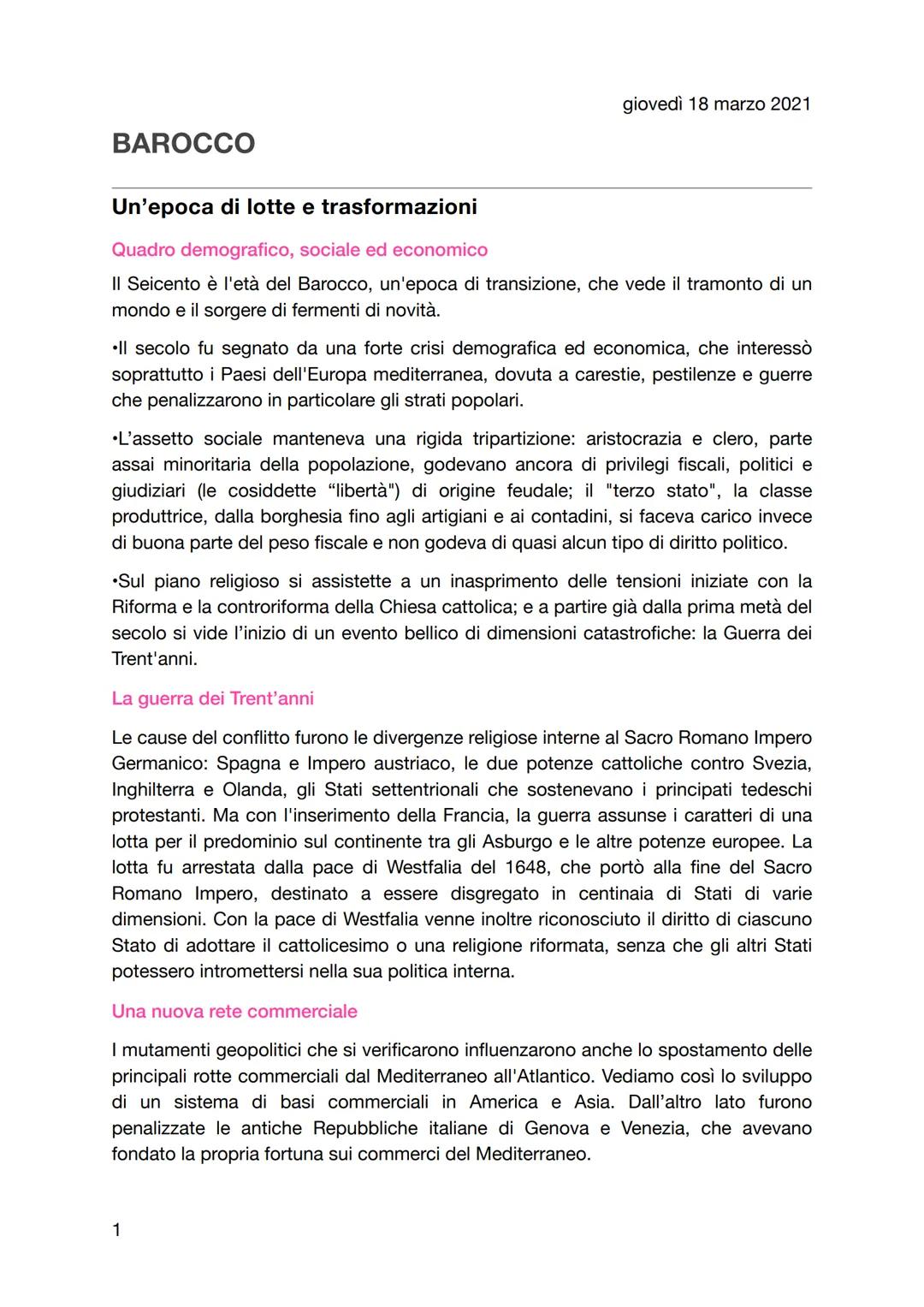 BAROCCO
giovedì 18 marzo 2021
Un'epoca di lotte e trasformazioni
Quadro demografico, sociale ed economico
Il Seicento è l'età del Barocco, u