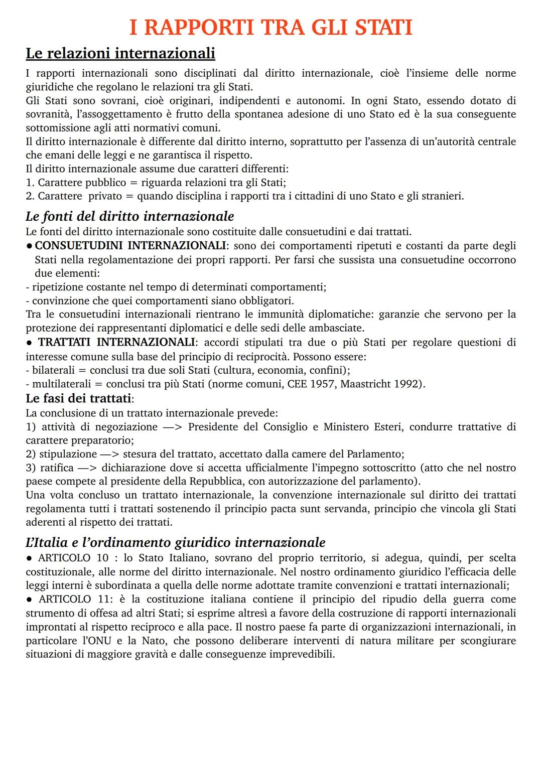 # I RAPPORTI TRA GLI STATI
## Le relazioni internazionali
I rapporti internazionali sono disciplinati dal diritto internazionale, cioè l'i