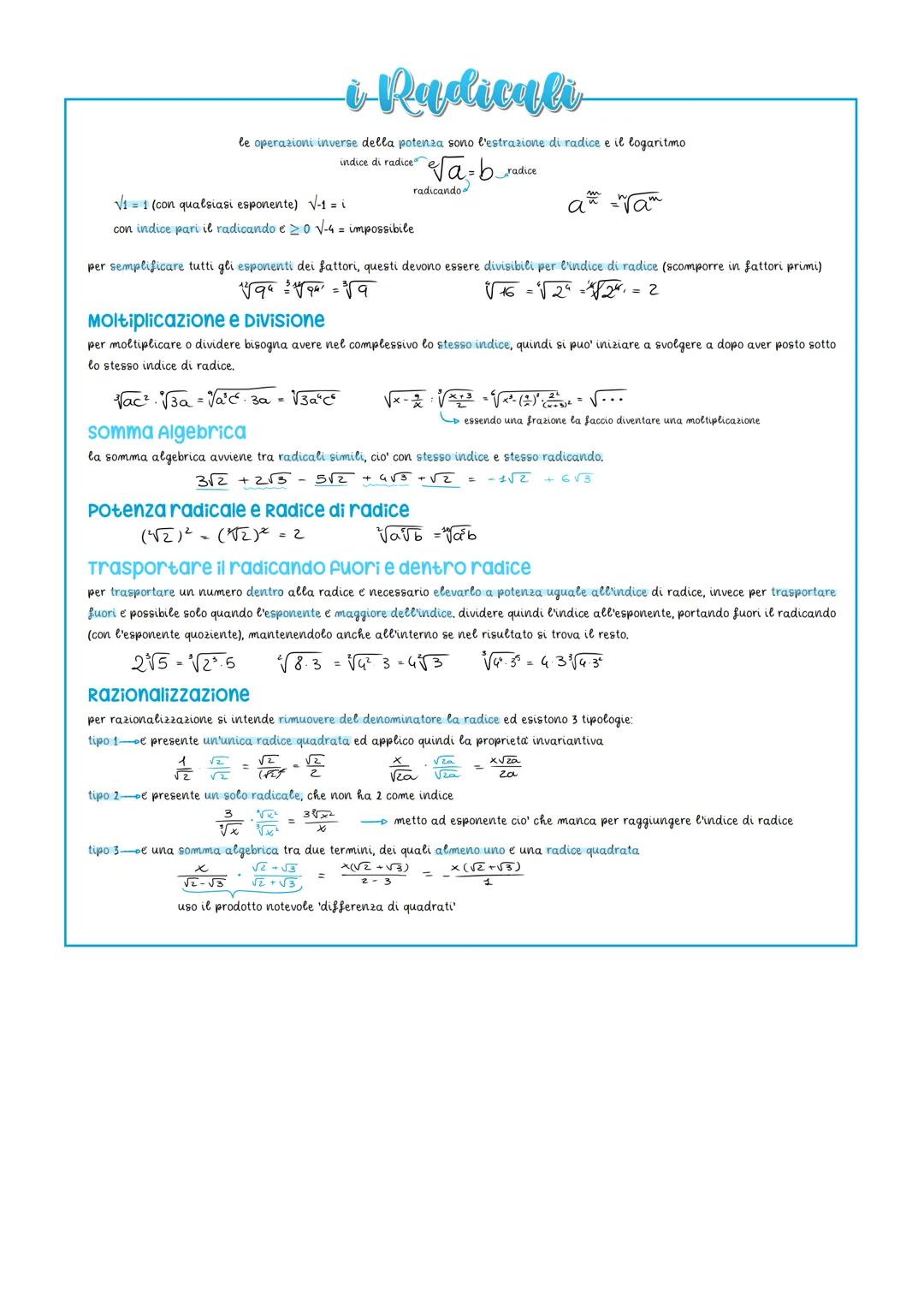 i Radicali
le operazioni inverse della potenza sono l'estrazione di radice e il logaritmo
indice di radice
โโa=bโ
radice
โโ1 (con qualsiasi