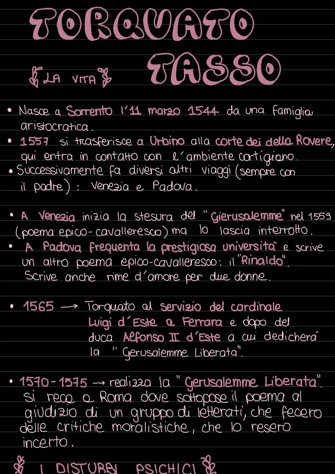TORQUATO
LA VITA TASSO
Nasce a Sorrento 1'11 marzo 1544 da una famiglia
aristocratica.
• 1557 si trasferisce a Urbino alla corte dei della R