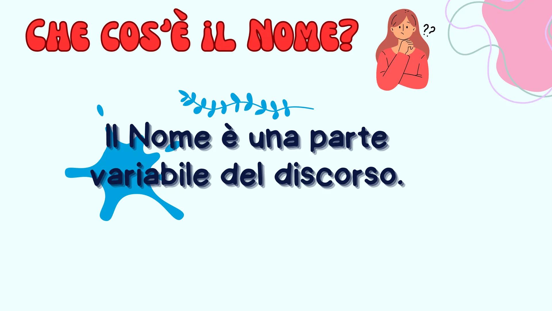 NOME
PREDA CHE COS'È IL NOME?
Systdys
Il Nome
Nome è una parte
variabile del discorso.
?? IL NOME
PUÒ ESSERE
SINGOLARE
riferendosi a
un solo