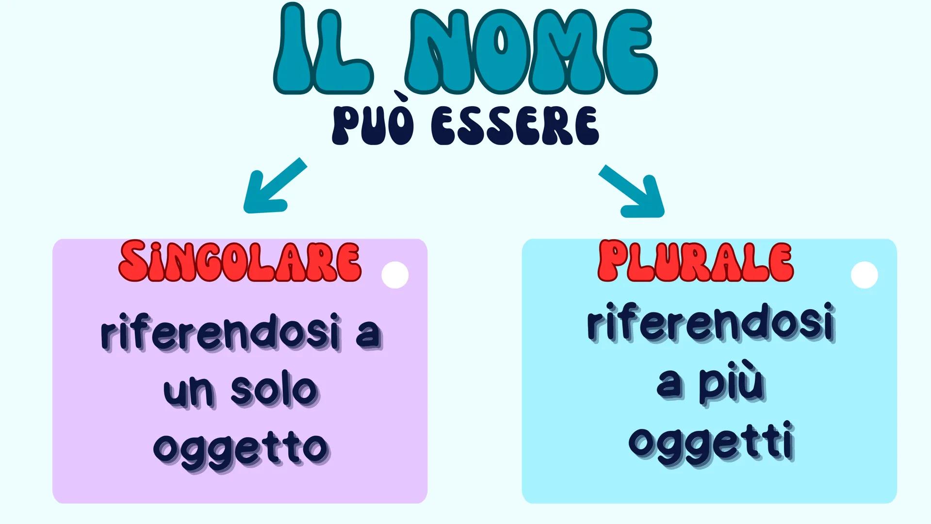 NOME
PREDA CHE COS'È IL NOME?
Systdys
Il Nome
Nome è una parte
variabile del discorso.
?? IL NOME
PUÒ ESSERE
SINGOLARE
riferendosi a
un solo
