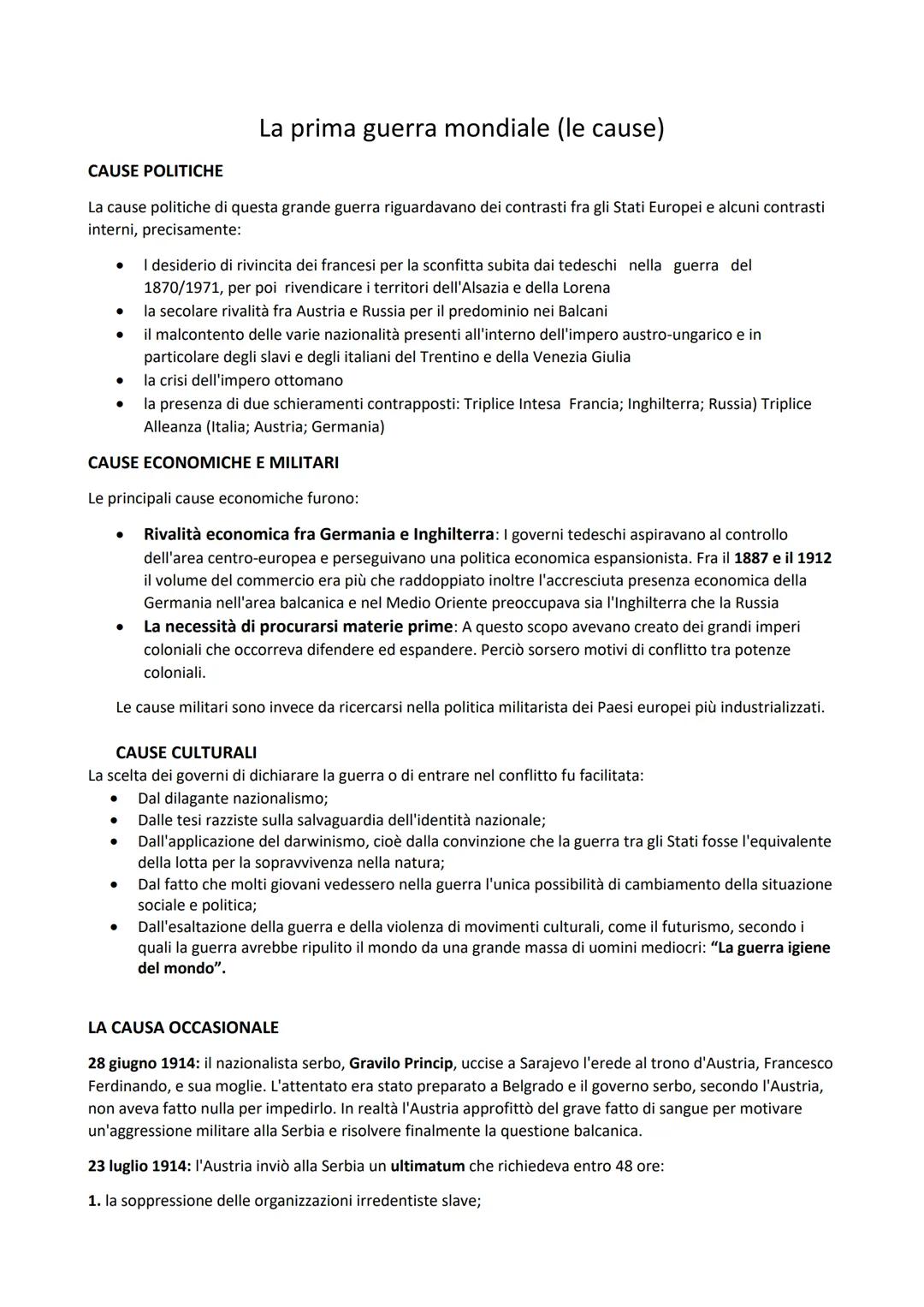 CAUSE POLITICHE
La cause politiche di questa grande guerra riguardavano dei contrasti fra gli Stati Europei e alcuni contrasti
interni, prec