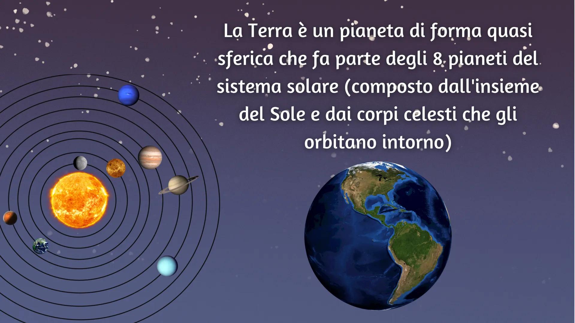 # Il sistema solare
e il pianeta Terra La Terra รจ un pianeta di forma quasi
sferica che fa parte degli 8 pianeti del
sistema solare (compos
