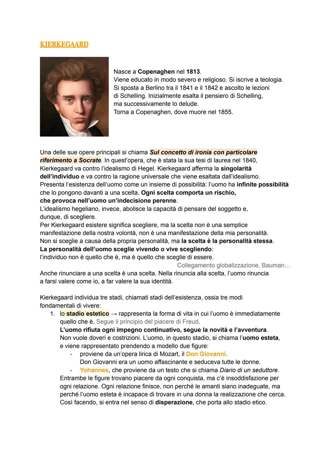 KIERKEGAARD
Nasce a Copenaghen nel 1813.
Viene educato in modo severo e religioso. Si iscrive a teologia.
Si sposta a Berlino tra il 1841 e