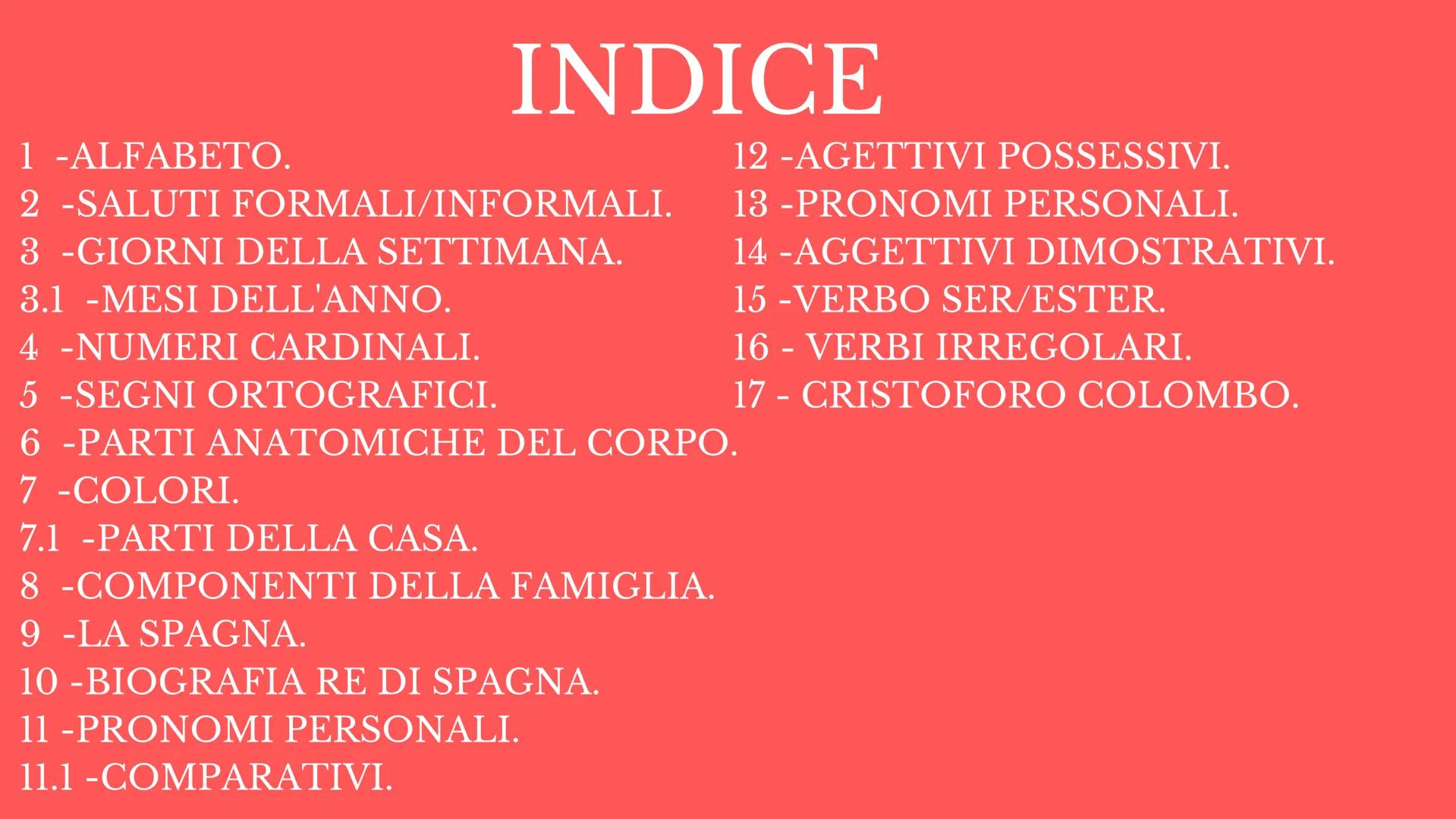 SPAGNOLO
PROGRAMMA
DEL CORSO
PROFESSORE INDICE
1
-ALFABETO.
2 -SALUTI FORMALI/INFORMALI.
3 -GIORNI DELLA SETTIMANA.
3.1 -MESI DELL'ANNO.
4 -