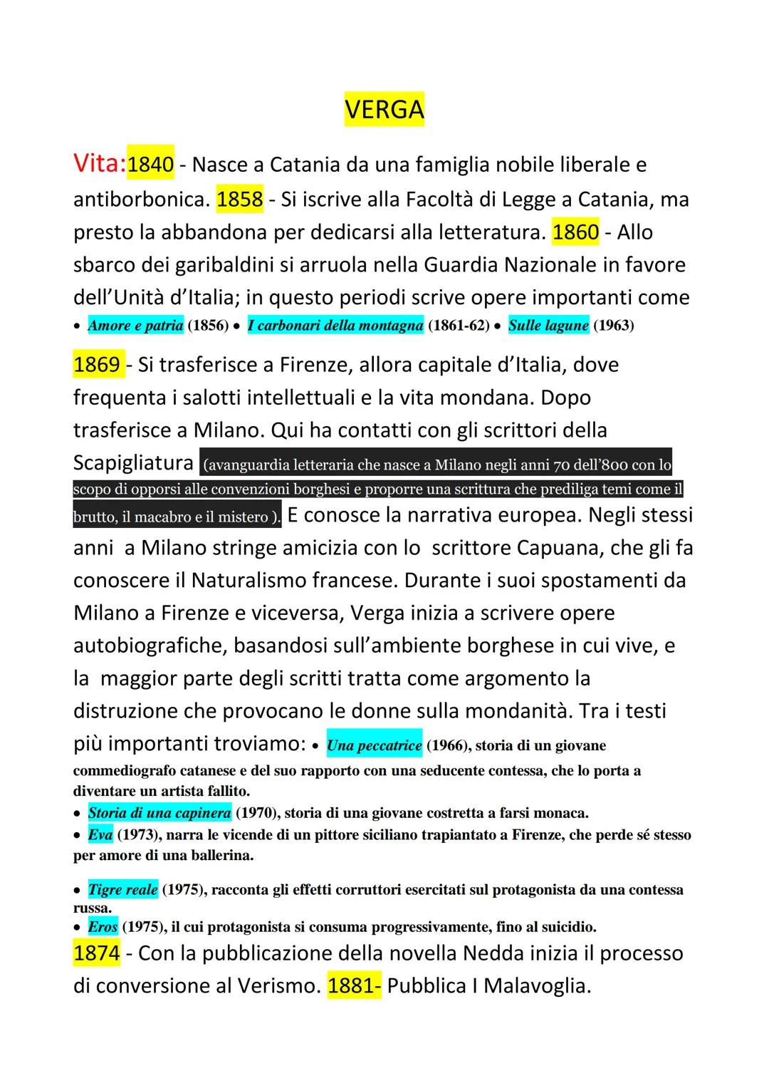 VERGA
Vita: 1840 - Nasce a Catania da una famiglia nobile liberale e
antiborbonica. 1858 - Si iscrive alla Facoltà di Legge a Catania, ma
pr