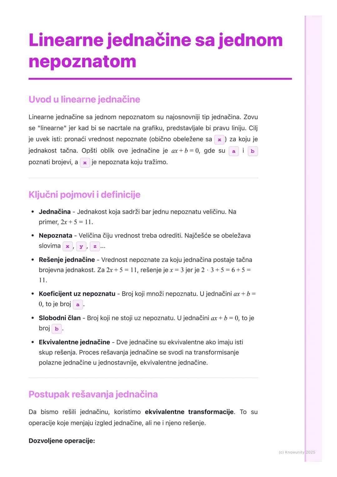 # Linearne jednačine sa jednom
nepoznatom
Uvod u linearne jednačine
Linearne jednačine sa jednom nepoznatom su najosnovniji tip jednačina.