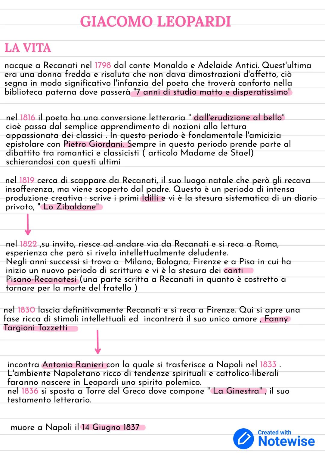 GIACOMO LEOPARDI
LA VITA
nacque a Recanati nel 1798 dal conte Monaldo e Adelaide Antici. Quest'ultima
era una donna fredda e risoluta che no