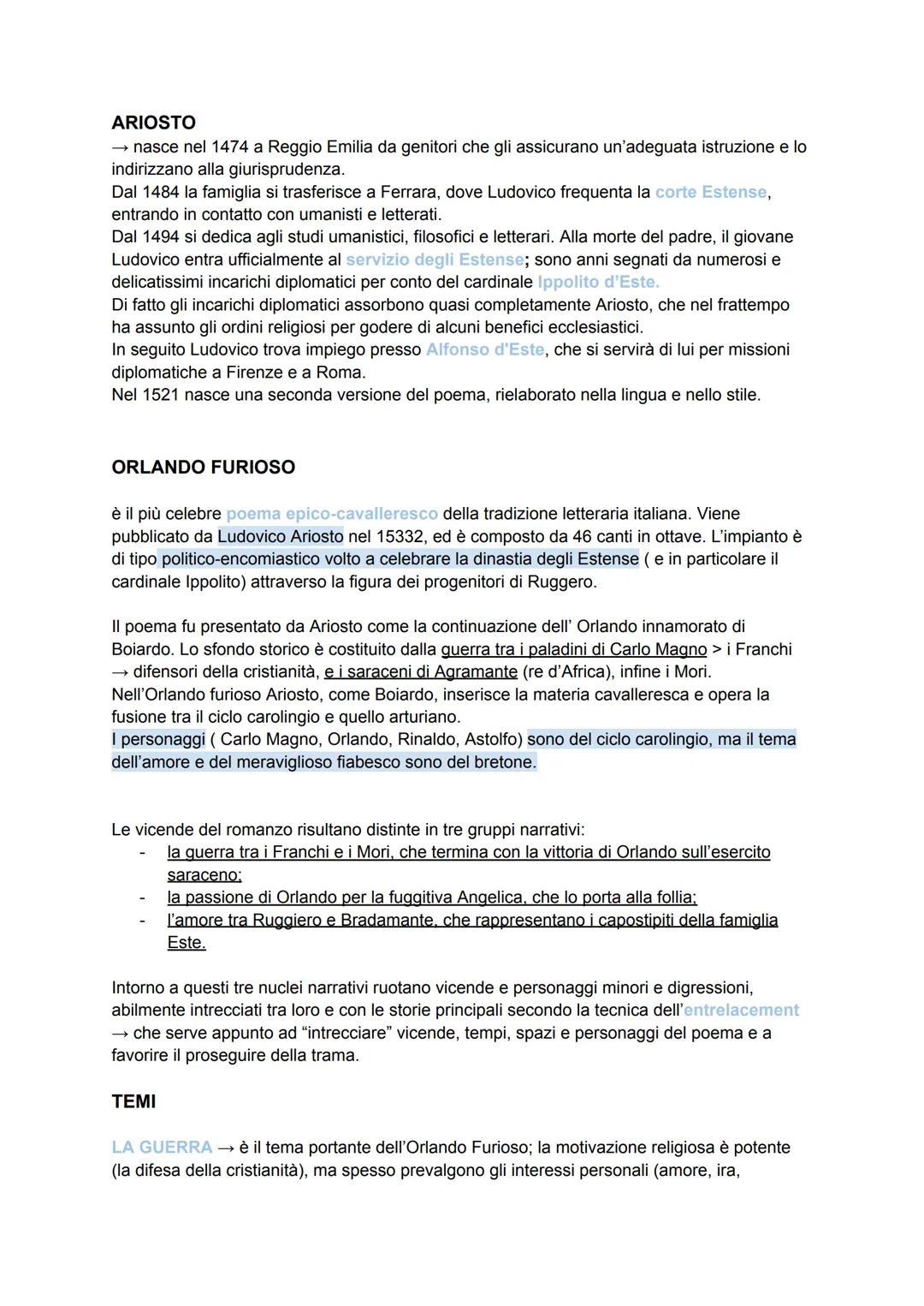 ARIOSTO
→ nasce nel 1474 a Reggio Emilia da genitori che gli assicurano un'adeguata istruzione e lo
indirizzano alla giurisprudenza.
Dal 148