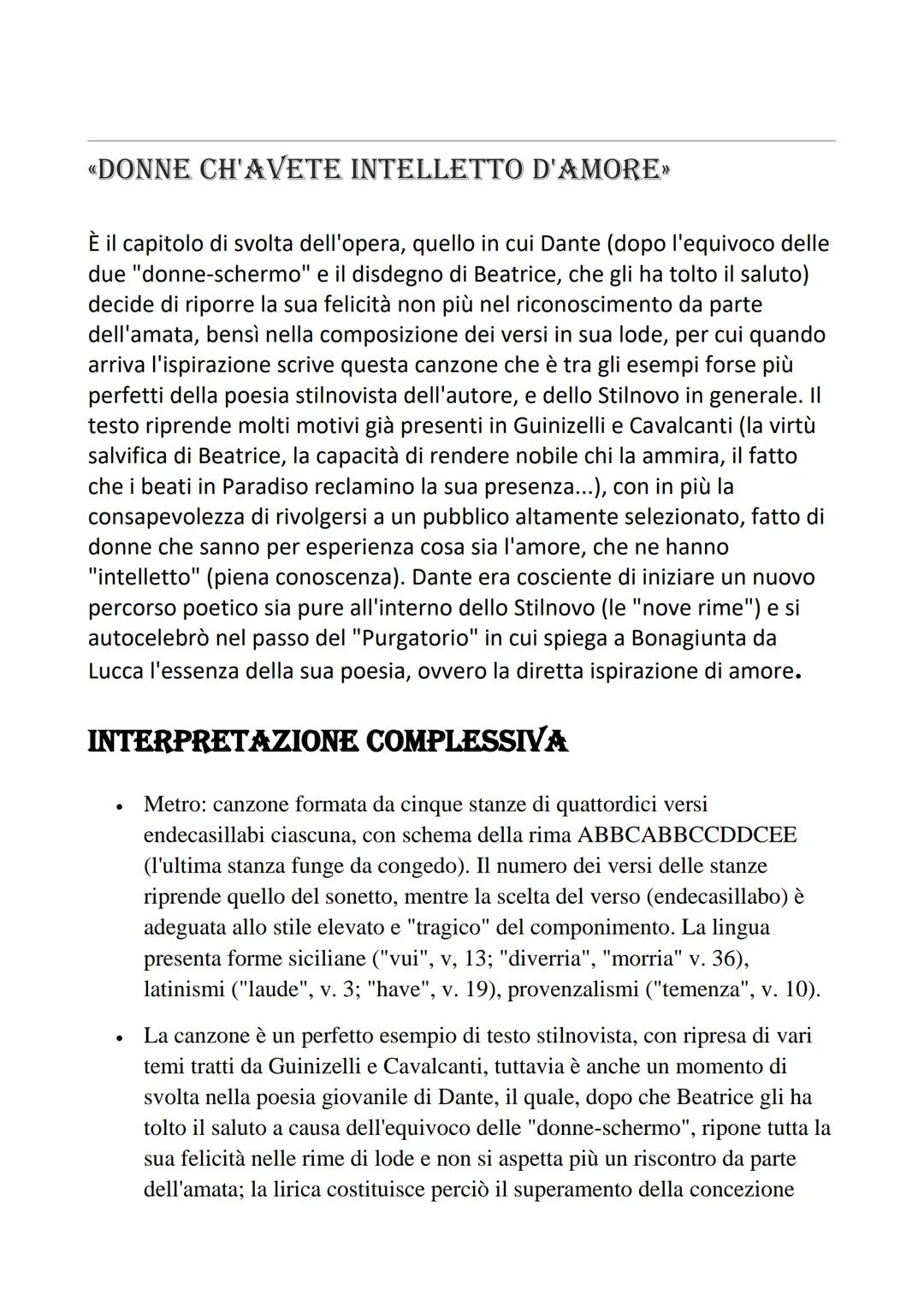 «DONNE CH'AVETE INTELLETTO D'AMORE>>
È il capitolo di svolta dell'opera, quello in cui Dante (dopo l'equivoco delle
due "donne-schermo" e il