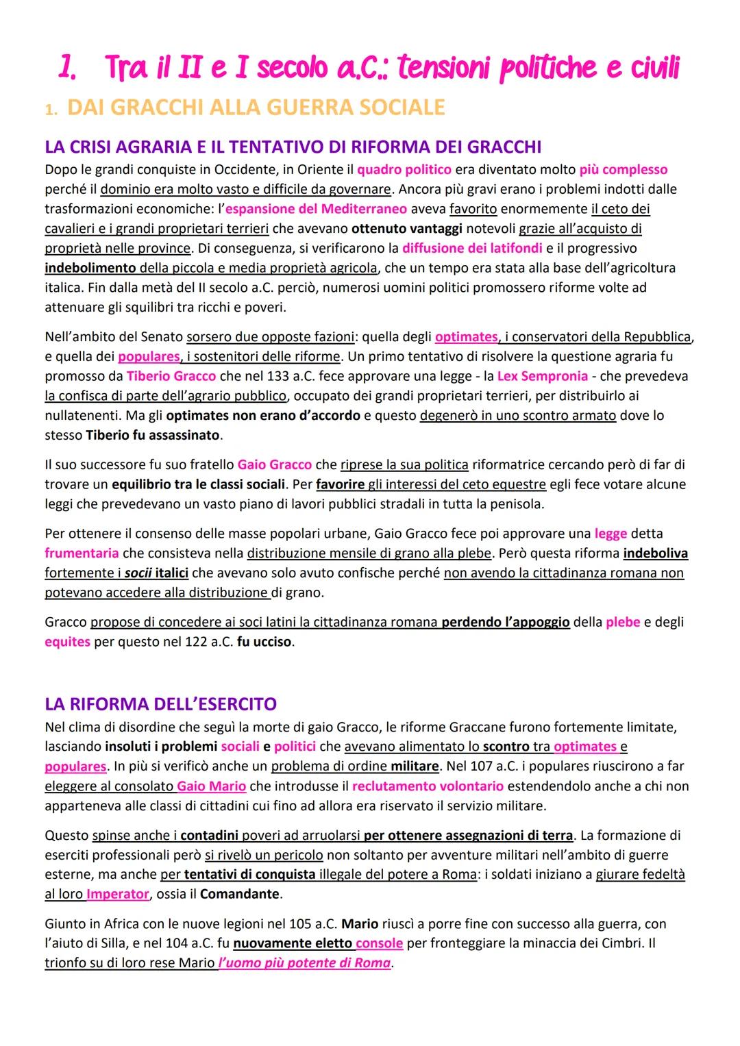 # 1. Tra il II e I secolo a.C.: tensioni politiche e civili
# 1. DAI GRACCHI ALLA GUERRA SOCIALE
LA CRISI AGRARIA E IL TENTATIVO DI RIFORM