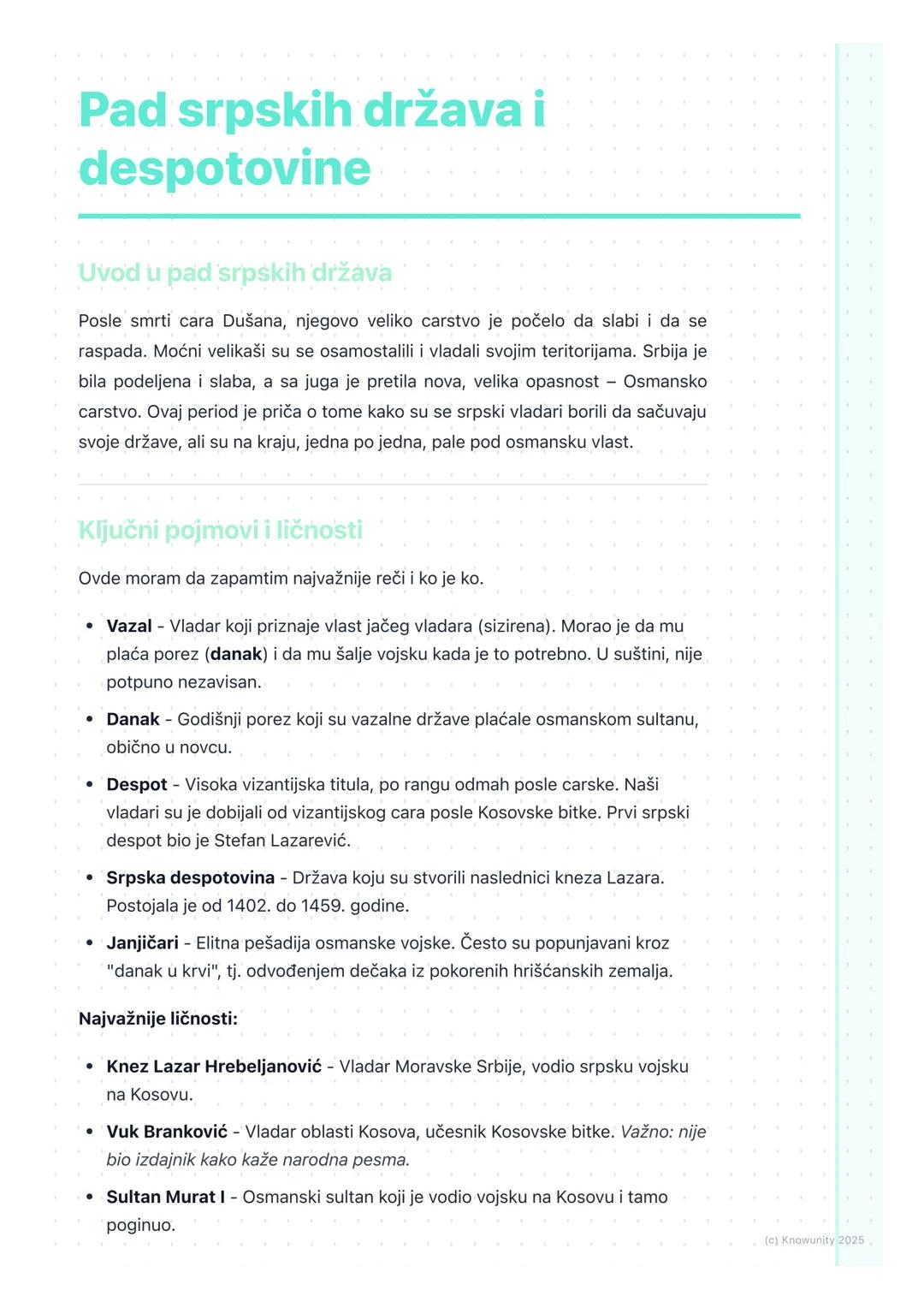 # Pad srpskih država i
despotovine
Uvod u pad srpskih država
Posle smrti cara Dušana, njegovo veliko carstvo je počelo da slabi i da se
ra