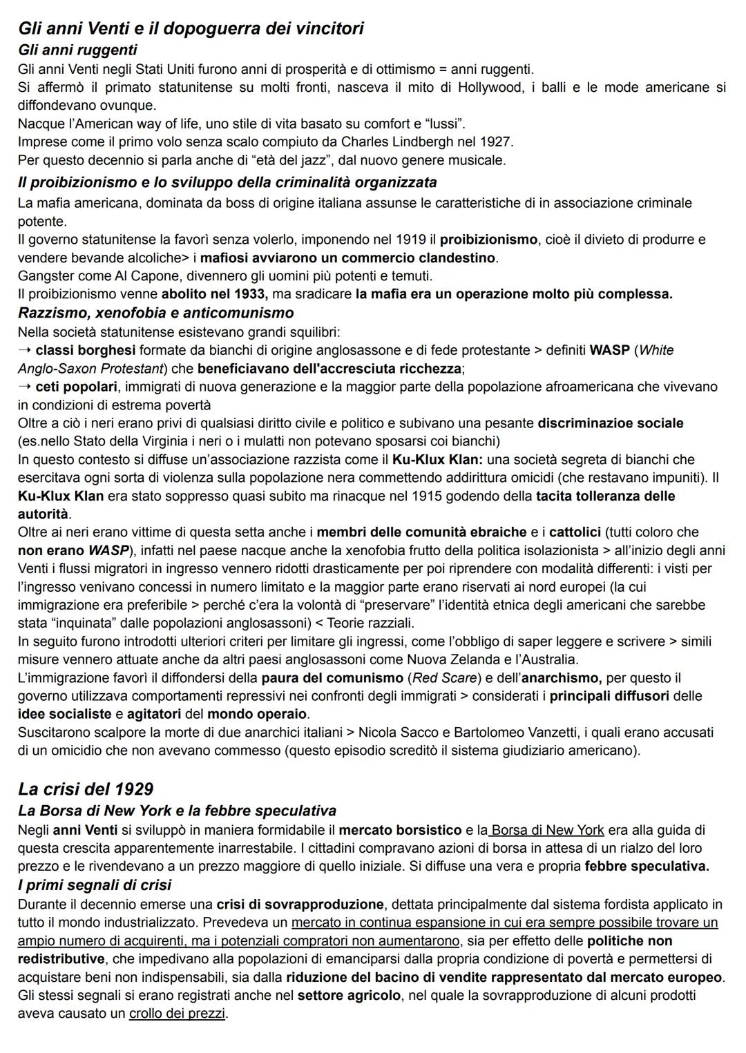 # Gli anni Venti e il dopoguerra dei vincitori
## Gli anni ruggenti
Gli anni Venti negli Stati Uniti furono anni di prosperitร e di ottimi
