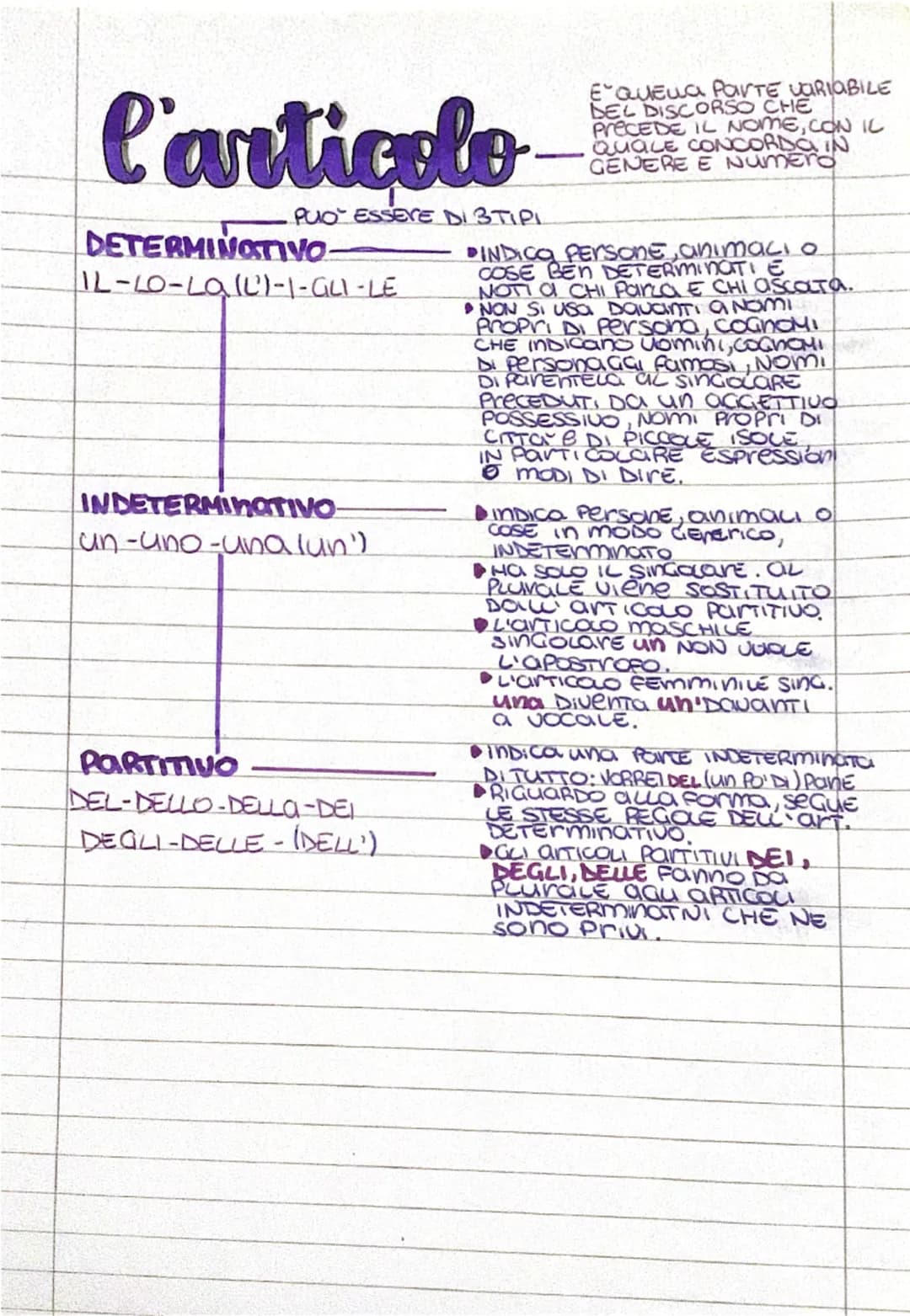 # l'articolo
PUO ESSERE DI STIPI
## DETERMINATIVo
IL-LO-LO(L)-1-GUI-LE
## INDETERMINativo
un-uno-unalun')
## PARTITIVO
DEL-DELLO-DELL