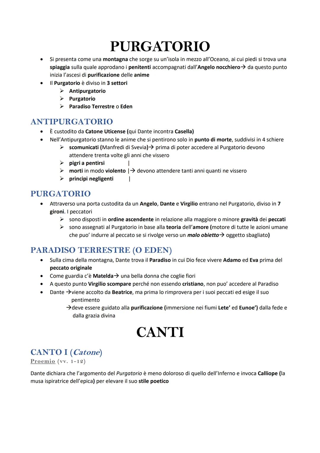 # PURGATORIO
- Si presenta come una montagna che sorge su un'isola in mezzo all'Oceano, ai cui piedi si trova una
spiaggia sulla quale appr