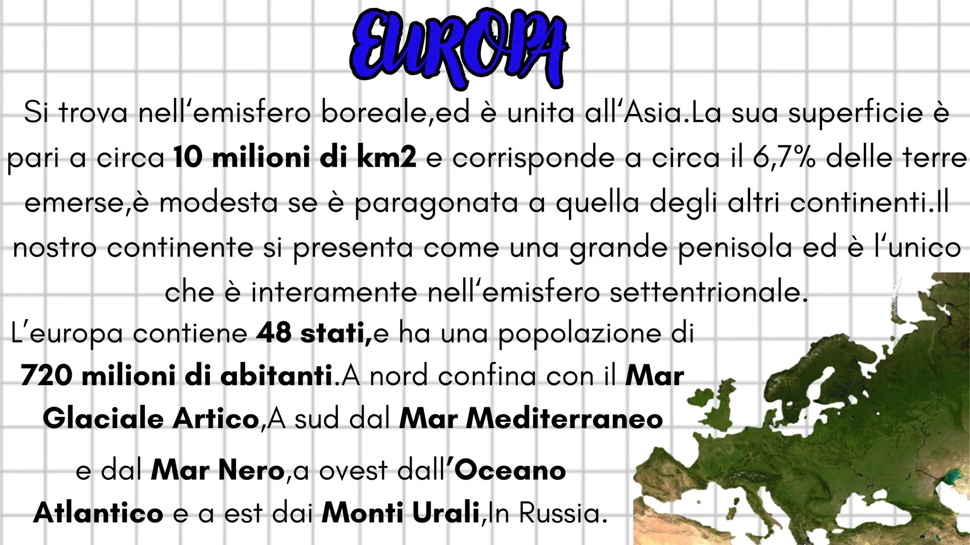 I comment
Il continente รจ un enorme blocco di terre emerse circondato da
acqua.l continenti sono 6:
-Europa
-Asia
-America, divisa in Americ