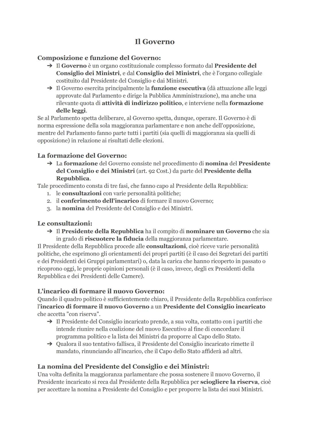 # Il Governo
Composizione e funzione del Governo:
→ Il Governo è un organo costituzionale complesso formato dal Presidente del
Consiglio d