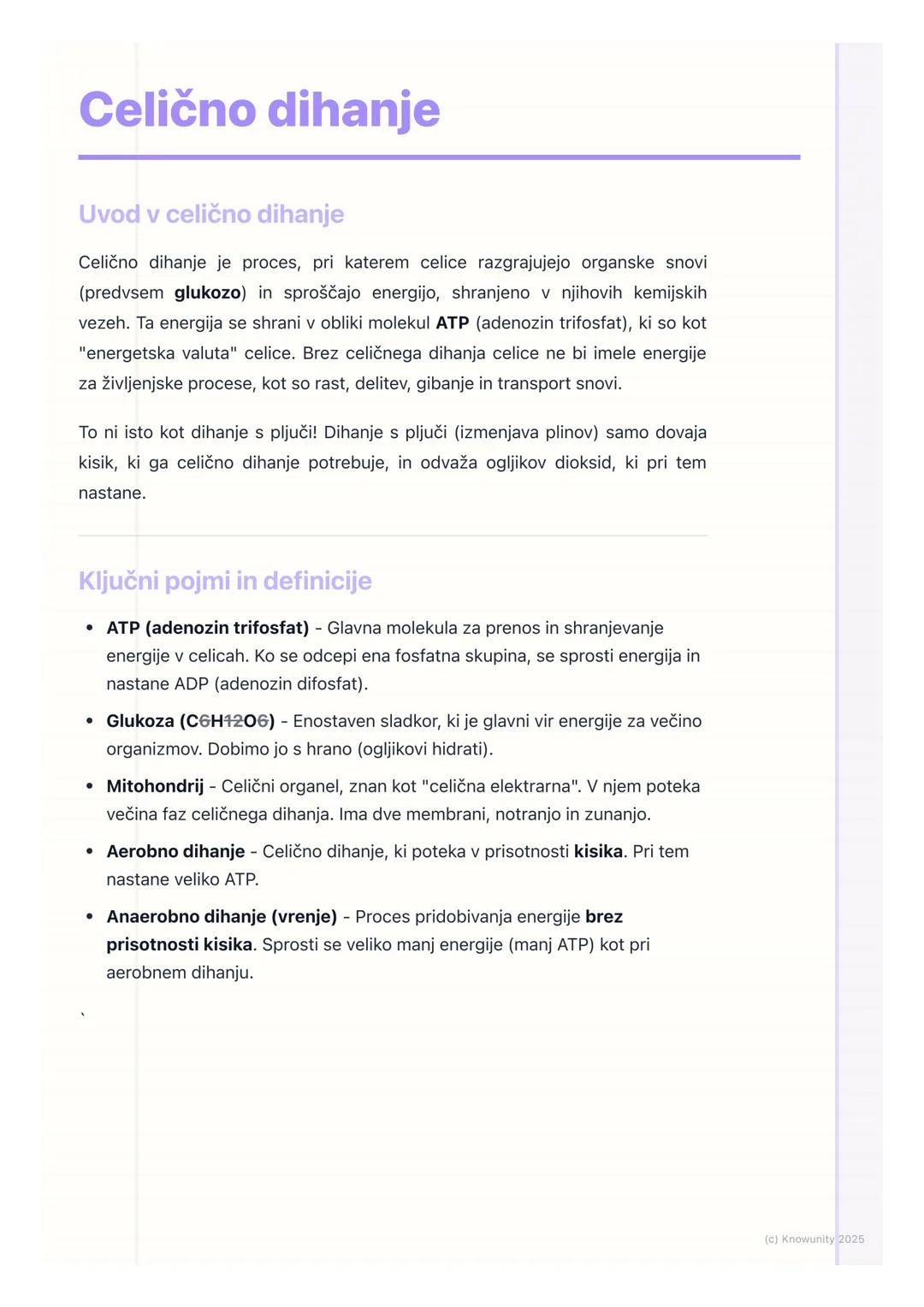 # Celično dihanje
Uvod v celično dihanje
Celično dihanje je proces, pri katerem celice razgrajujejo organske snovi
(predvsem glukozo) in s