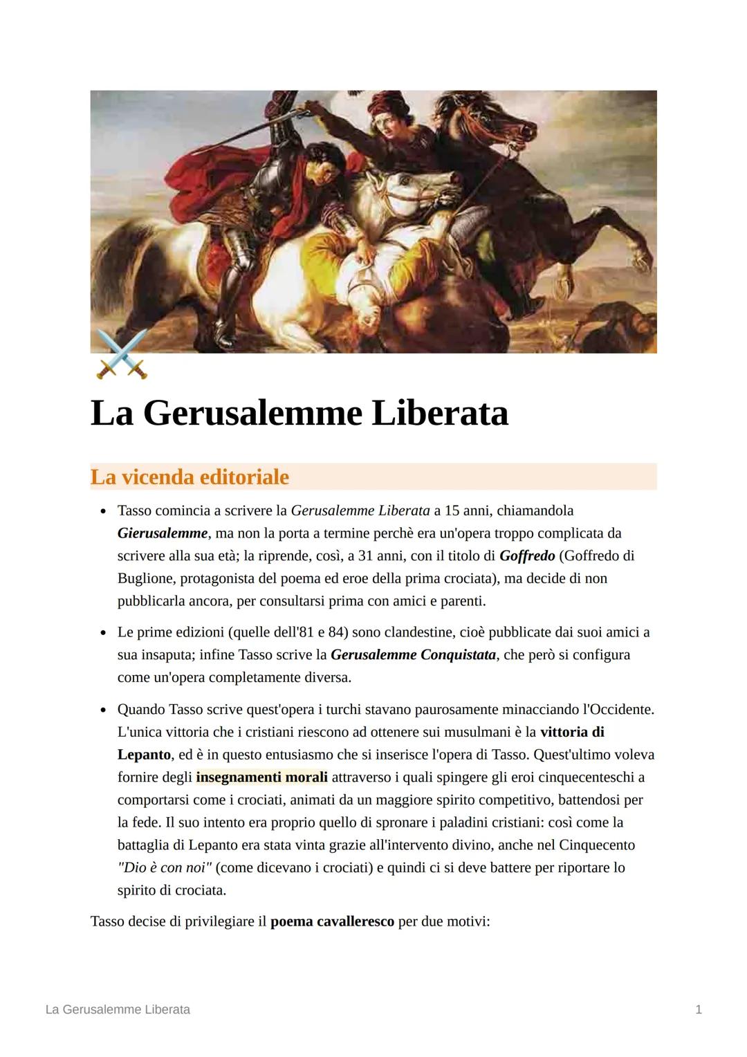 La Gerusalemme Liberata
La vicenda editoriale
โข Tasso comincia a scrivere la Gerusalemme Liberata a 15 anni, chiamandola
Gierusalemme, ma no
