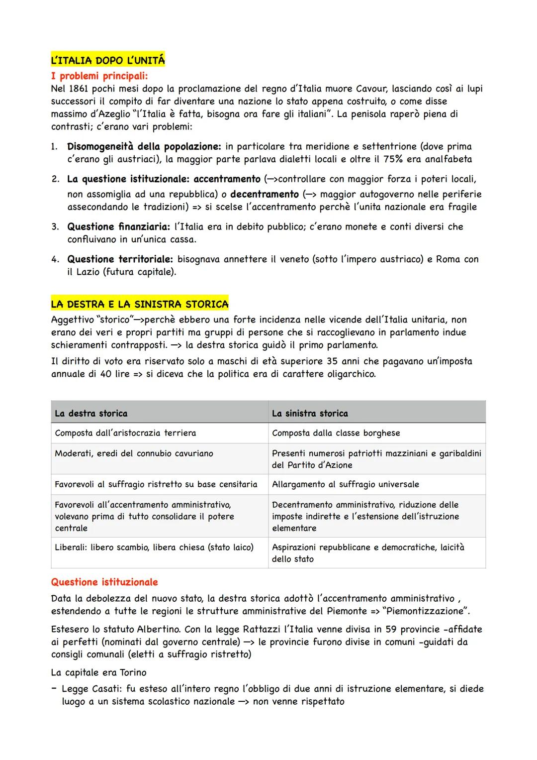 L'ITALIA DOPO L'UNITÁ
I problemi principali:
Nel 1861 pochi mesi dopo la proclamazione del regno d'Italia muore Cavour, lasciando così ai lu