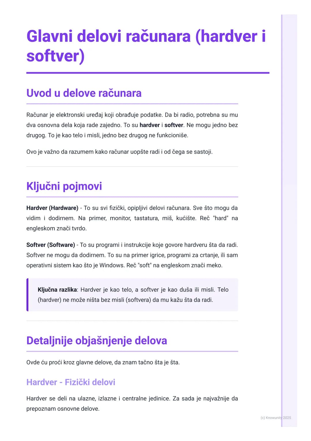 # Glavni delovi računara (hardver i
softver)
Uvod u delove računara
Računar je elektronski uređaj koji obrađuje podatke. Da bi radio, potr
