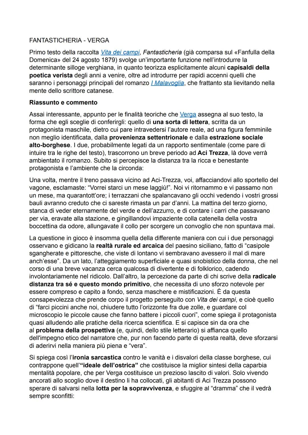 FANTASTICHERIA - VERGA
Primo testo della raccolta Vita dei campi, Fantasticheria (già comparsa sul «Fanfulla della
Domenica» del 24 agosto 1