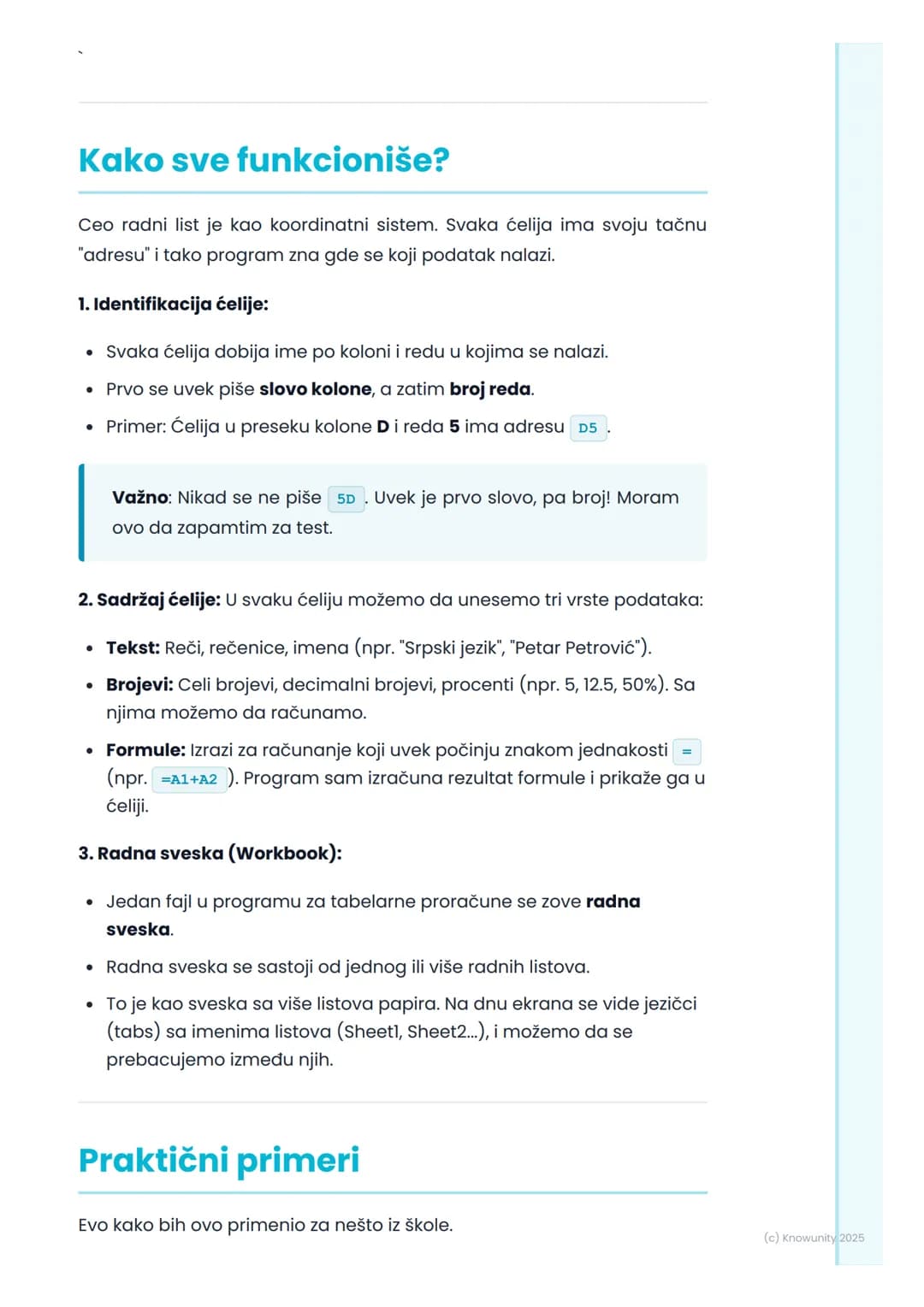 # Osnovni elementi radnog
lista
Uvod u radni list
Programi za tabelarne proračune (kao što su Microsoft Excel ili Google
Sheets) služe za