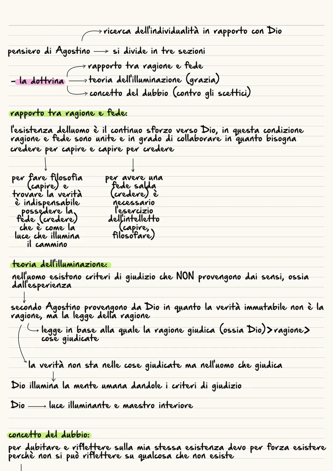 · ricerca dell'individualità in rapporto con Dio
pensiero di Agostino → si divide in tre sezioni
- la dottrina
rapporto tra ragione e fede
→