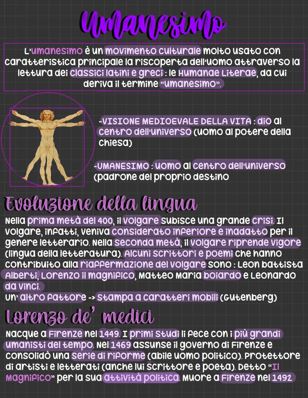 # Umanesims
L'umanesimo è un movimento culturale molto usato con
caratteristica principale la riscoperta dell'uomo attraverso la
lettura de