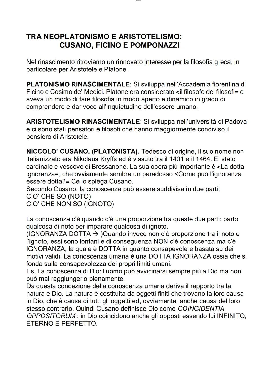 Cusano, Ficino, Pomponazzi